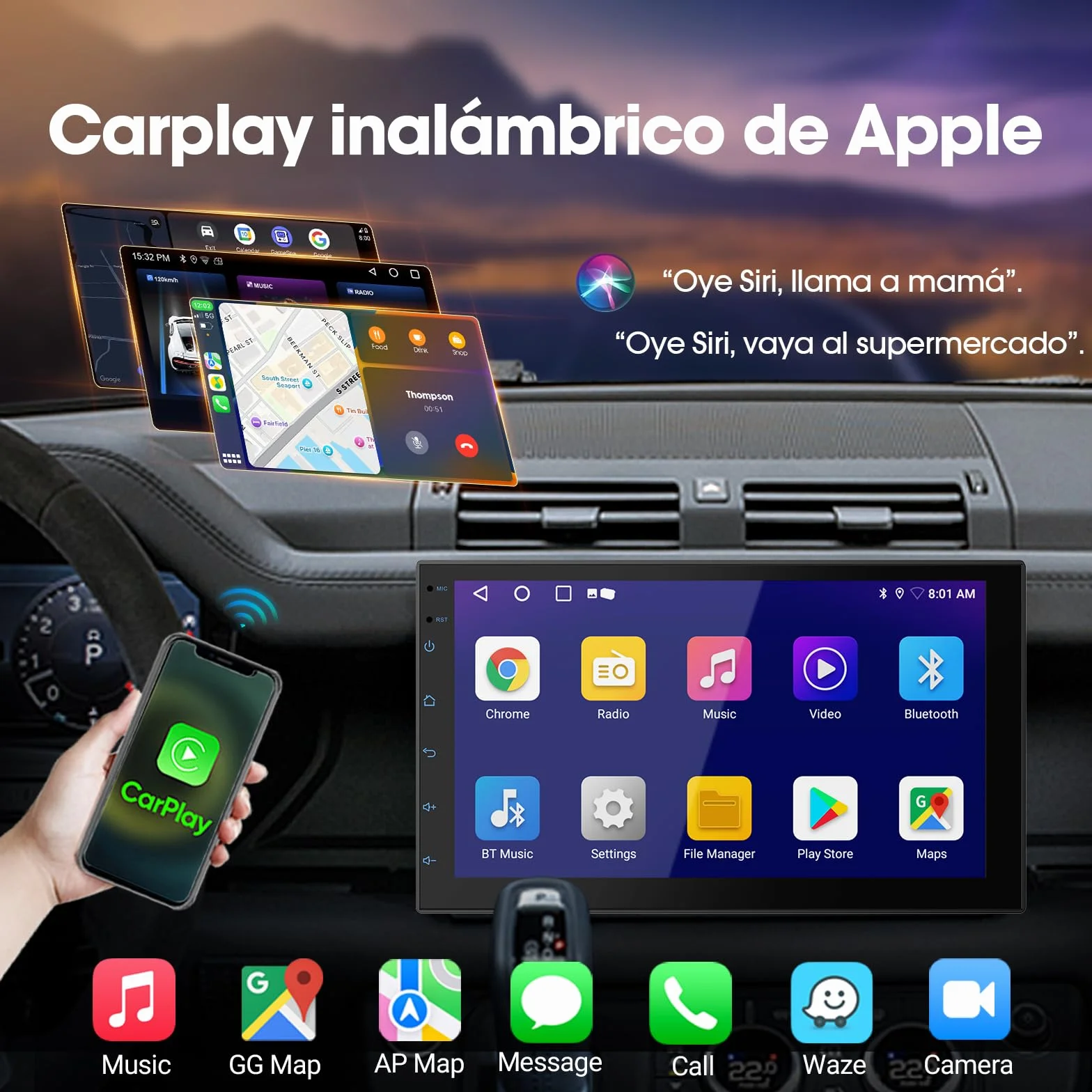 Haudio Radio de Coche 2 DIN, Pantalla Táctil de 7 Pulgadas con CarPlay Inalámbrico & Android Auto, Soporta Control por Voz/FM/Mirror Link/AUX/Navegación GPS/Bluetooth 5.2 Sin Cámara 2+ 32GB