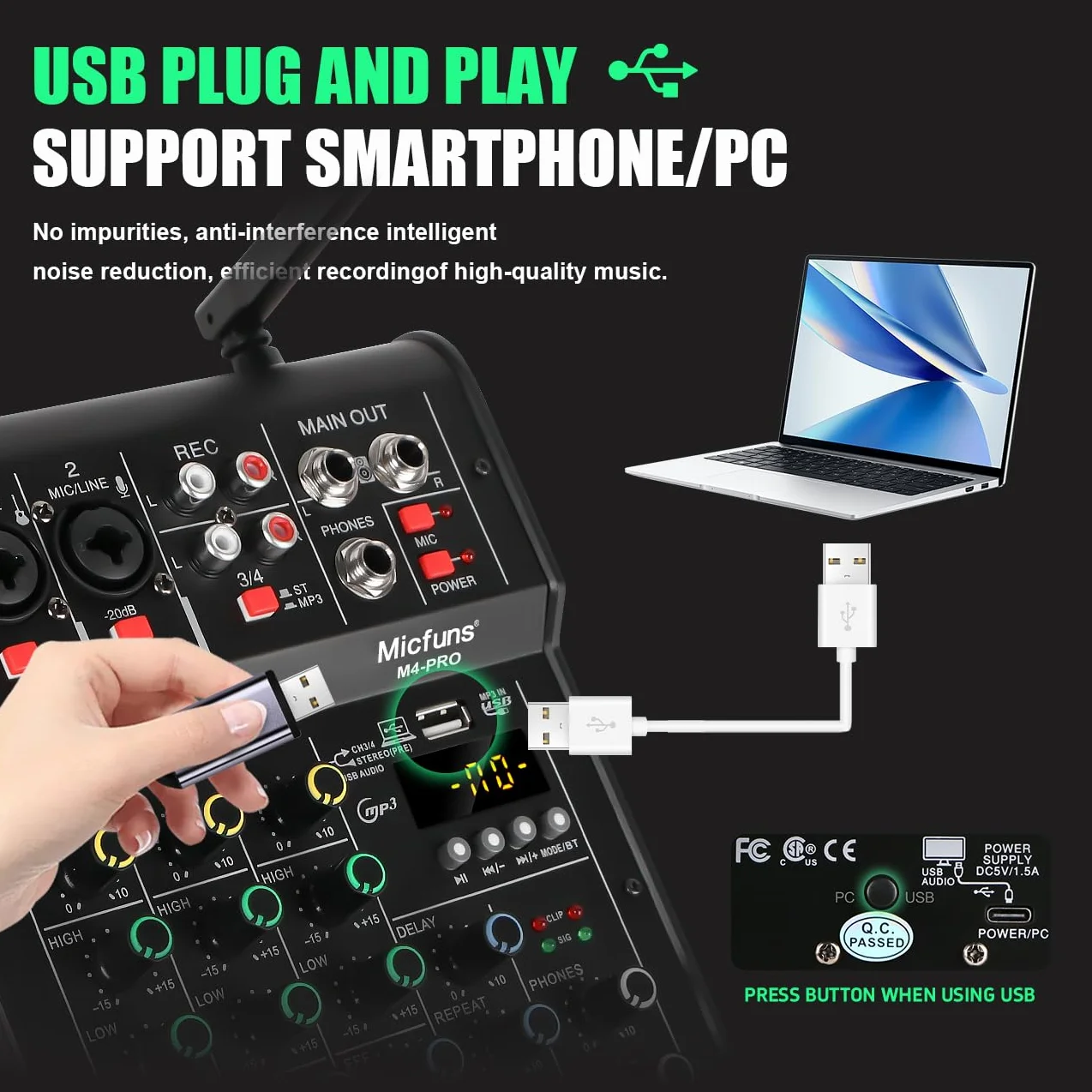M4pro - Mezclador de audio, mezclador de 4 canales con micrófono inalámbrico dual, consola de placa de sonido, MP3, Bluetooth, 48 V, alimentación fantasma, USB, mezcla de DJ para el hogar,