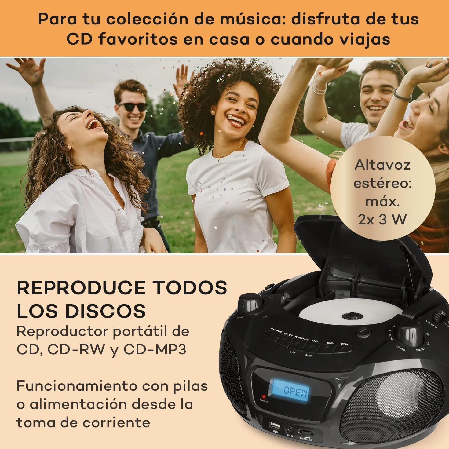 Auna Radio Portatil Pequeña con CD para Casa de 3W, Boombox FM+ Radio con Bluetooth + AUX Sonido Estéreo, Pantalla LED y Luces, con Asa, Transistores Radio Digital con USB, MP3, Carga Eléctrica