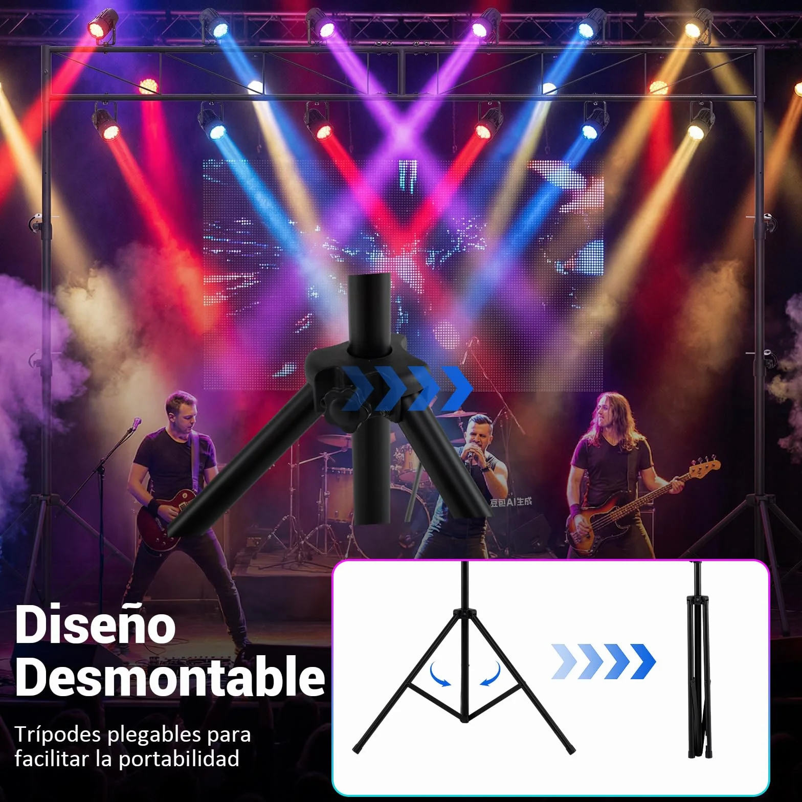 COSTWAY Soporte de Luz para DJ, Soporte de Truss Iluminación de Metal con Altura Ajustable en 140-265 cm, 2 Trípodes Plegables, 12 Puntos de Agarre, Soporte 50 kg, para Conciertos, Escenarios y Bodas