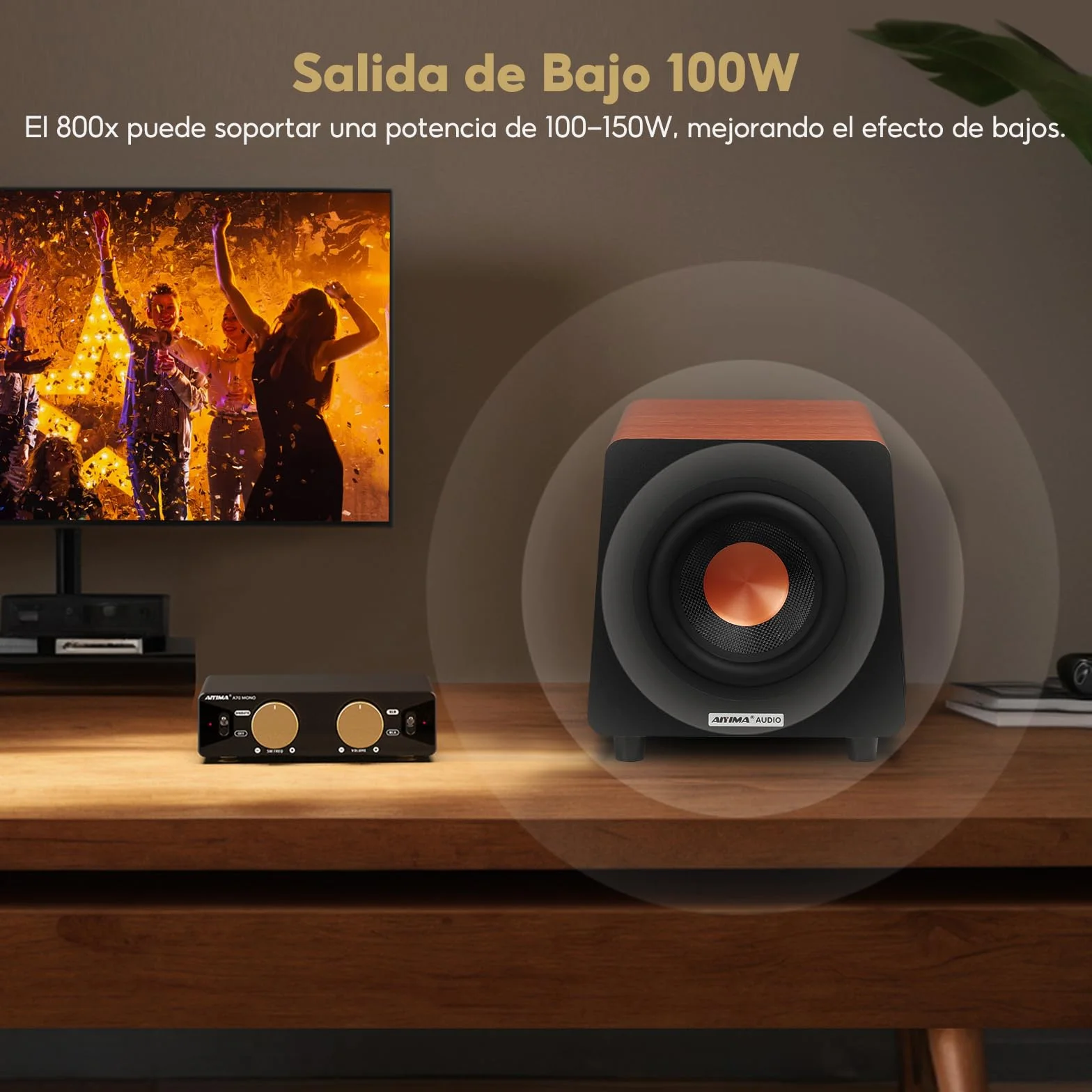 AIYIMA 800X Subwoofer Activo 8 Pulgadas 150W Pico 100W RMS Amplificador Integrado MDF 30Hz-300Hz RCA AUX LFE