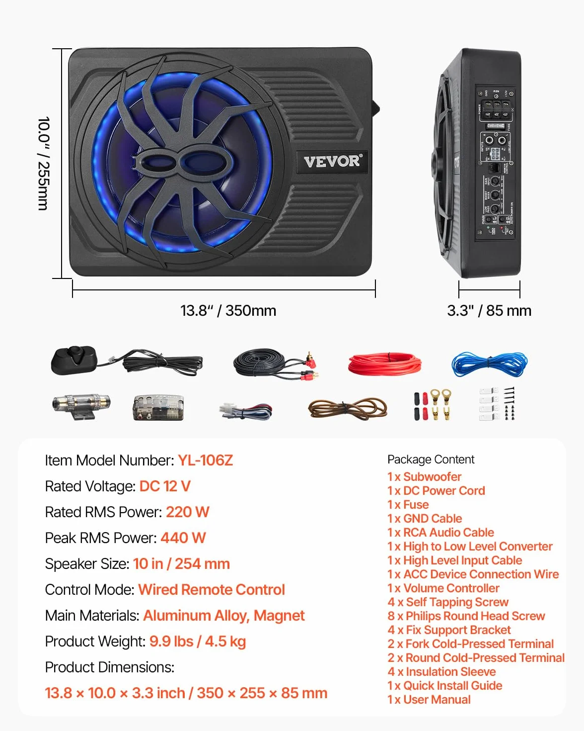 VEVOR Subwoofer para Debajo del Asiento para Automóvil 254 mm 440 W Altavoz Compacto para Coche Amplificador Incorporado Entrada Bajo Controlador de Volumen Control Remoto con Cable