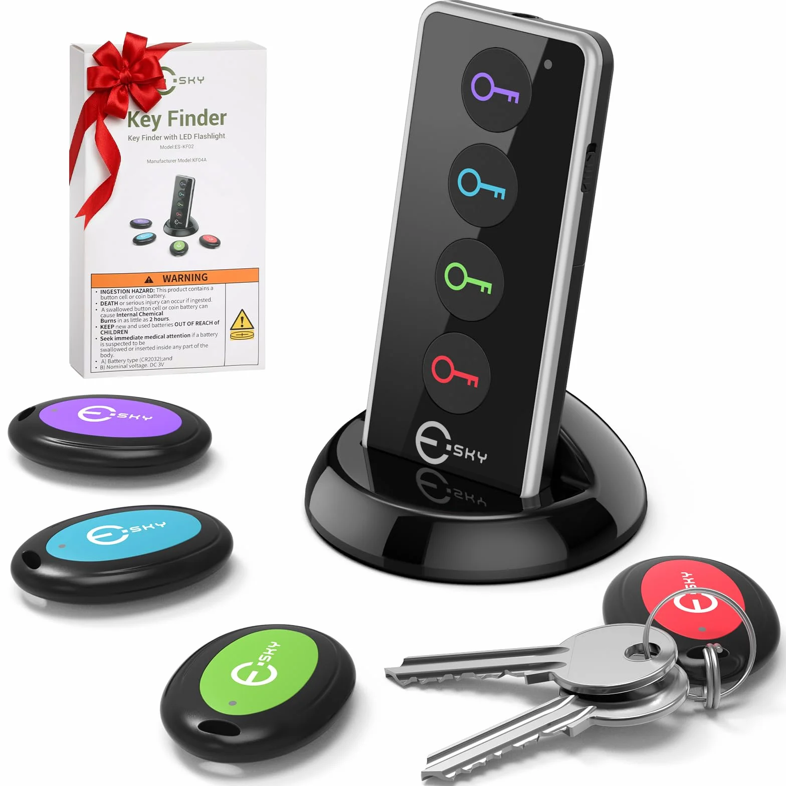 Esky Buscador Llaves, Localizador de Llaves 80dB Localizador Inalámbrico de Llaves con Base de Soporte y LED Control Remoto 1 Radio Frecuencia Transmisor 4 Receptores Negro