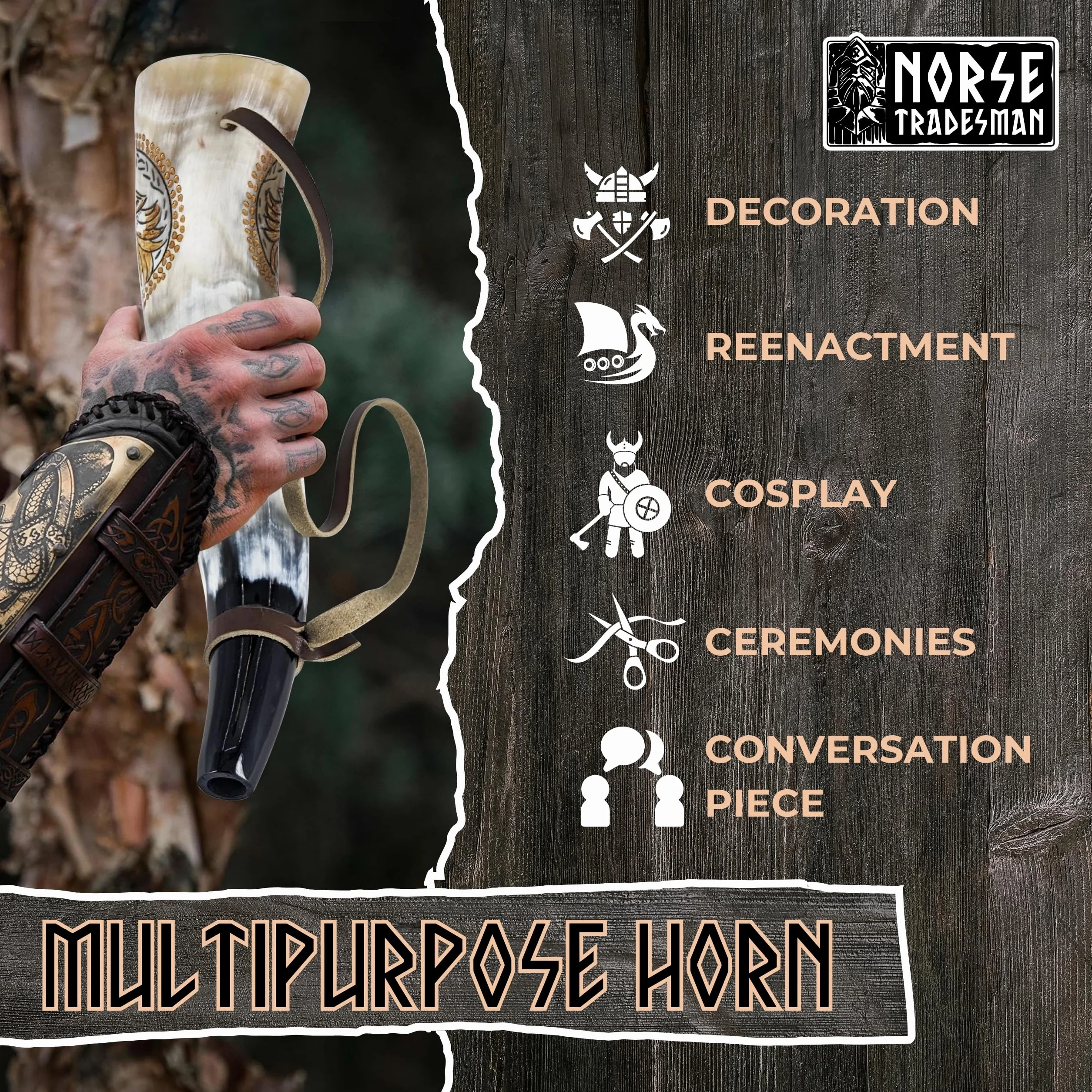 Norse Tradesman Cuerno de guerra vikingo – Trompeta de batalla de cuerno de soplado de 12 pulgadas hecha de auténtico cuerno de buey premium – Grabado a mano con lobos nórdicos – Una pieza de historia