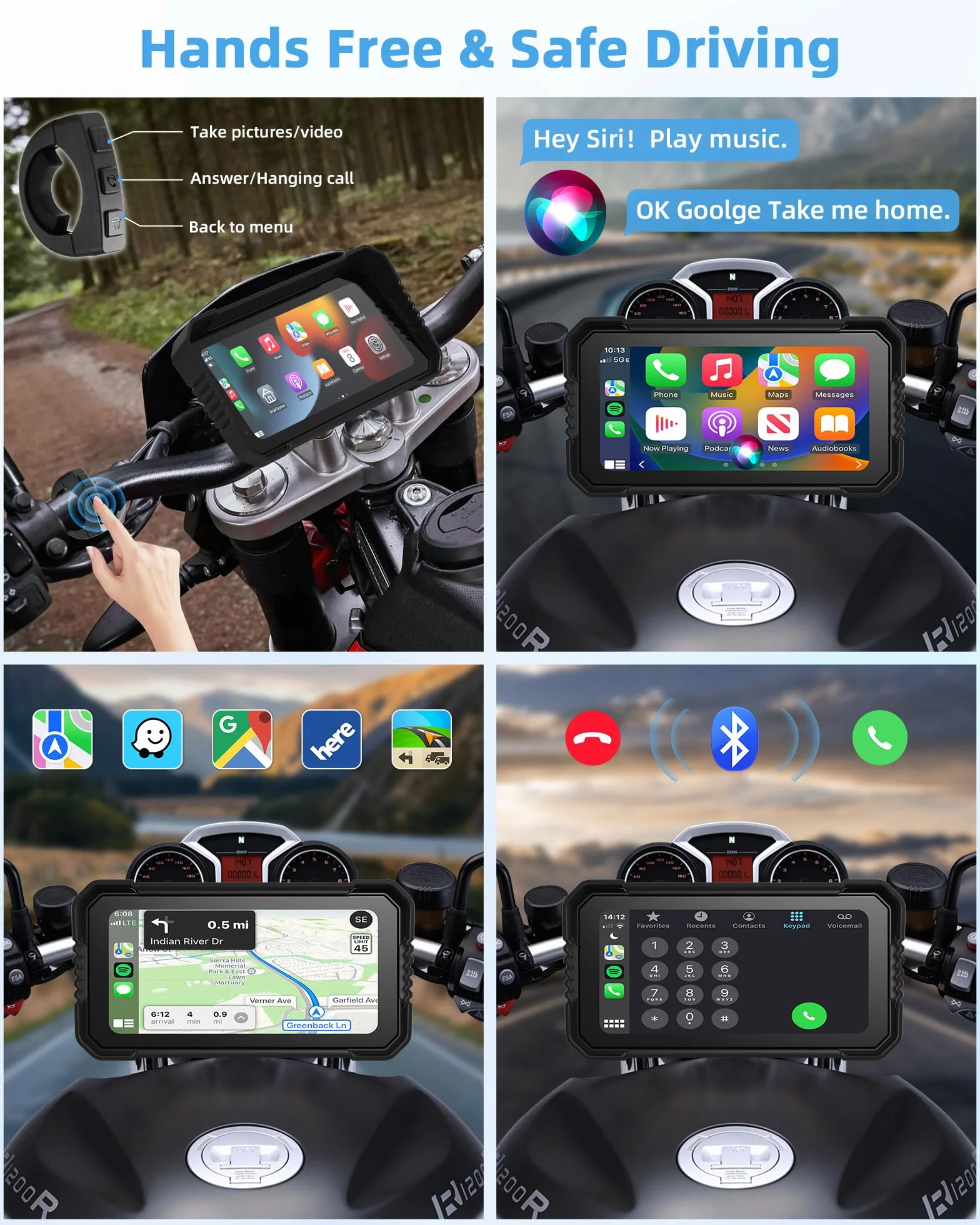 4K Carplay Android Auto 6.25 Pulgadas Pantalla Táctil Dashcam Delantera Trasera GPS IP67 Impermeable Doble Bluetooth Siri Google Assistant