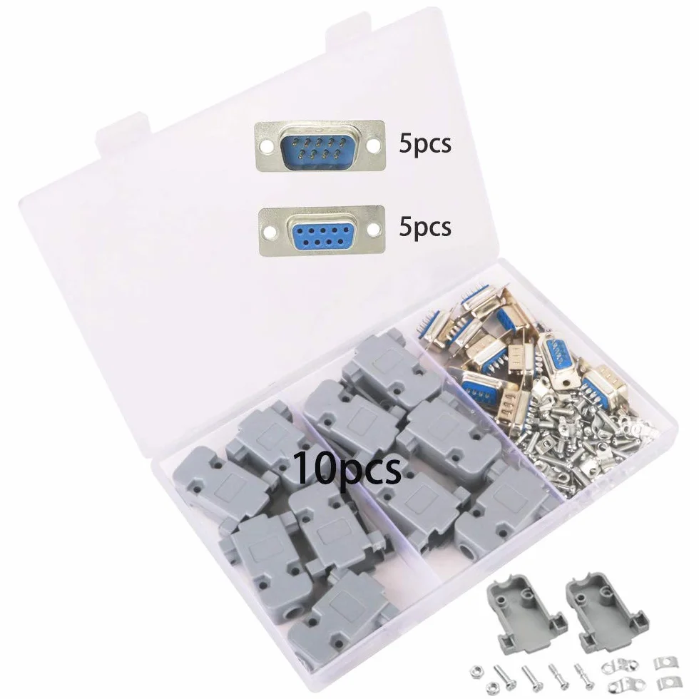 GTIWUNG 10 Piezas Conector de Serie DB9 Pin Macho Conector, DB9 Conector Hembra en Serie y Capucha de Plástico/Carcasa, RS232 Macho Hembra