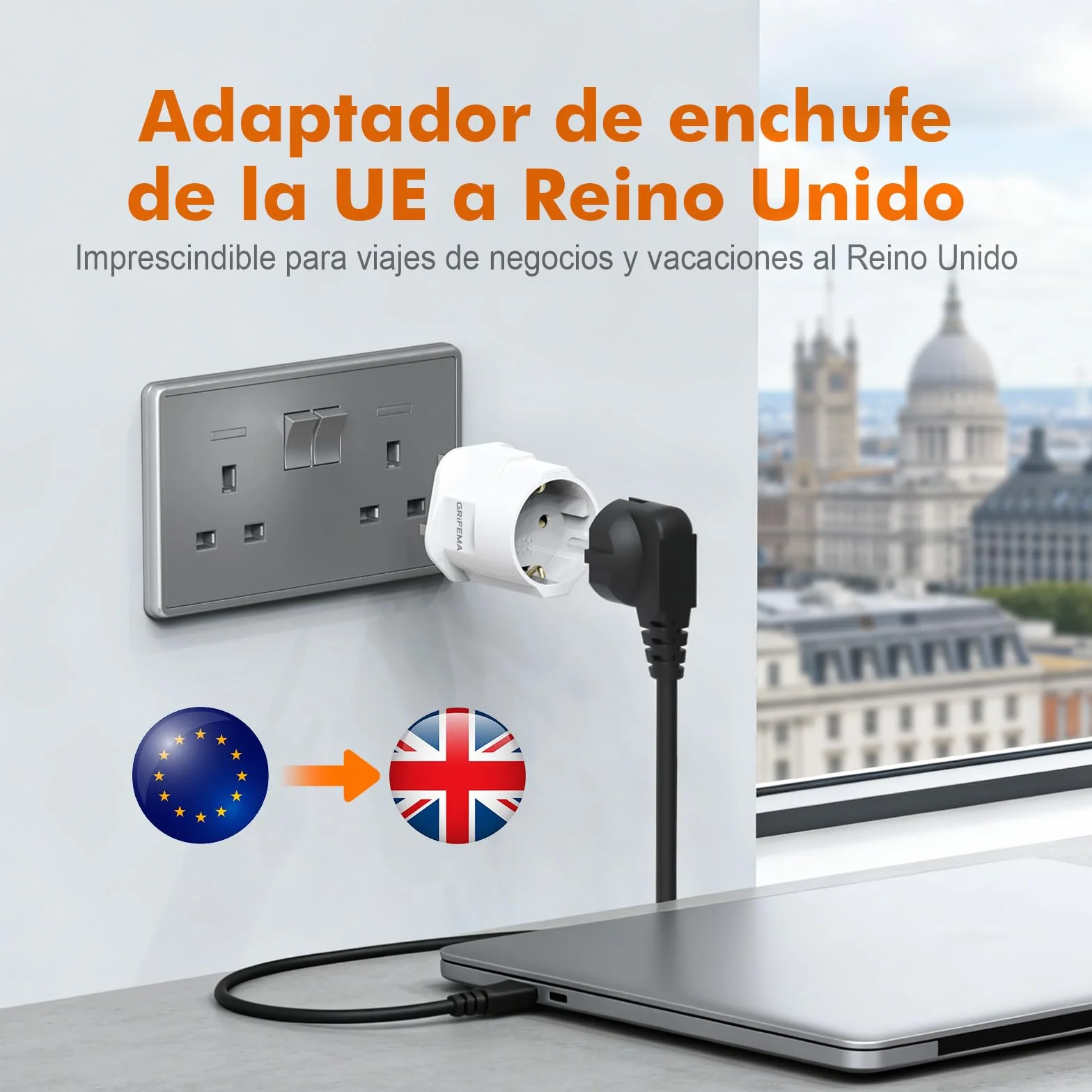 GRIFEMA Adaptador Enchufe UK Tipo G 13A, Convertidor Europeo 2 Pin a UK 3 Pin, Pack de 2