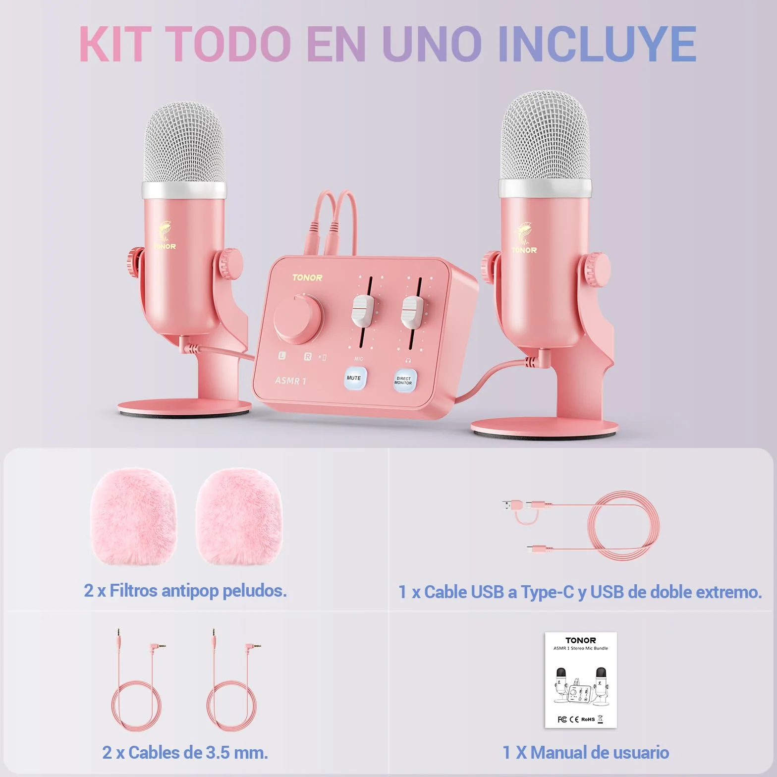 TONOR ASMR Conjunto de Dispos con Interfaz Audio, Micrófono Condensador de Doble Capacitor, Audio 3D Inmersivo, Calidad de Sonido Clara, Volumen Control, para Creación/Grabación/Podcast, Rosa