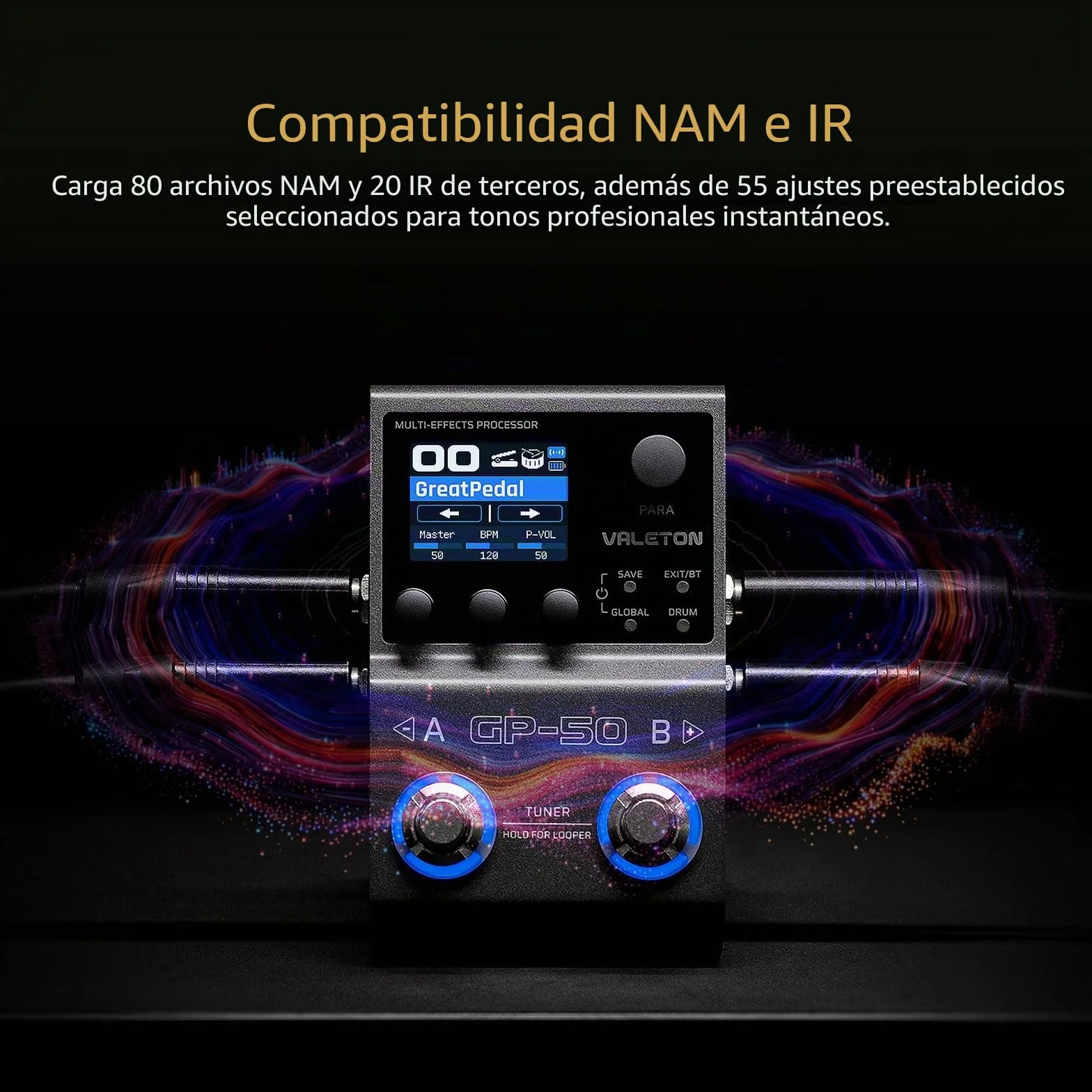 VALETON Procesador de Múltiples Efectos y Cargador NAM/IR con 100+ Efectos HD, 9 Módulos Simultáneos, Control por App BT, 100 Slots para Patches para Guitarra y Bajo GP-50