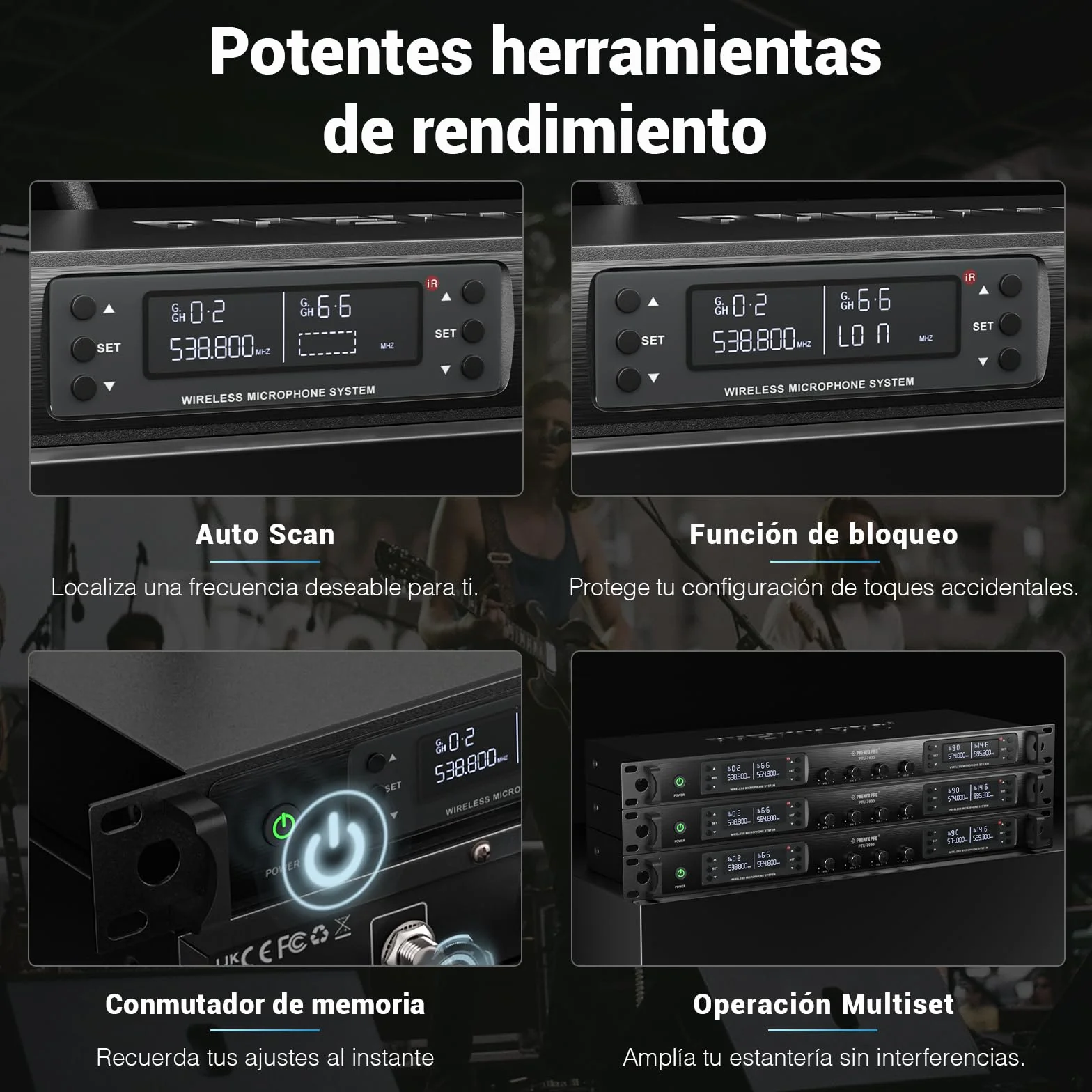 Phenyx Pro Sistema de micrófono inalámbrico Cuatro Canales, con 4x40 Frecuencias UHF, Auto Scan, 328ft de Largo Alcance, 4 micrófono dinámico de Mano para Cantar, Iglesia, Karaoke (PTU-7000-4H)