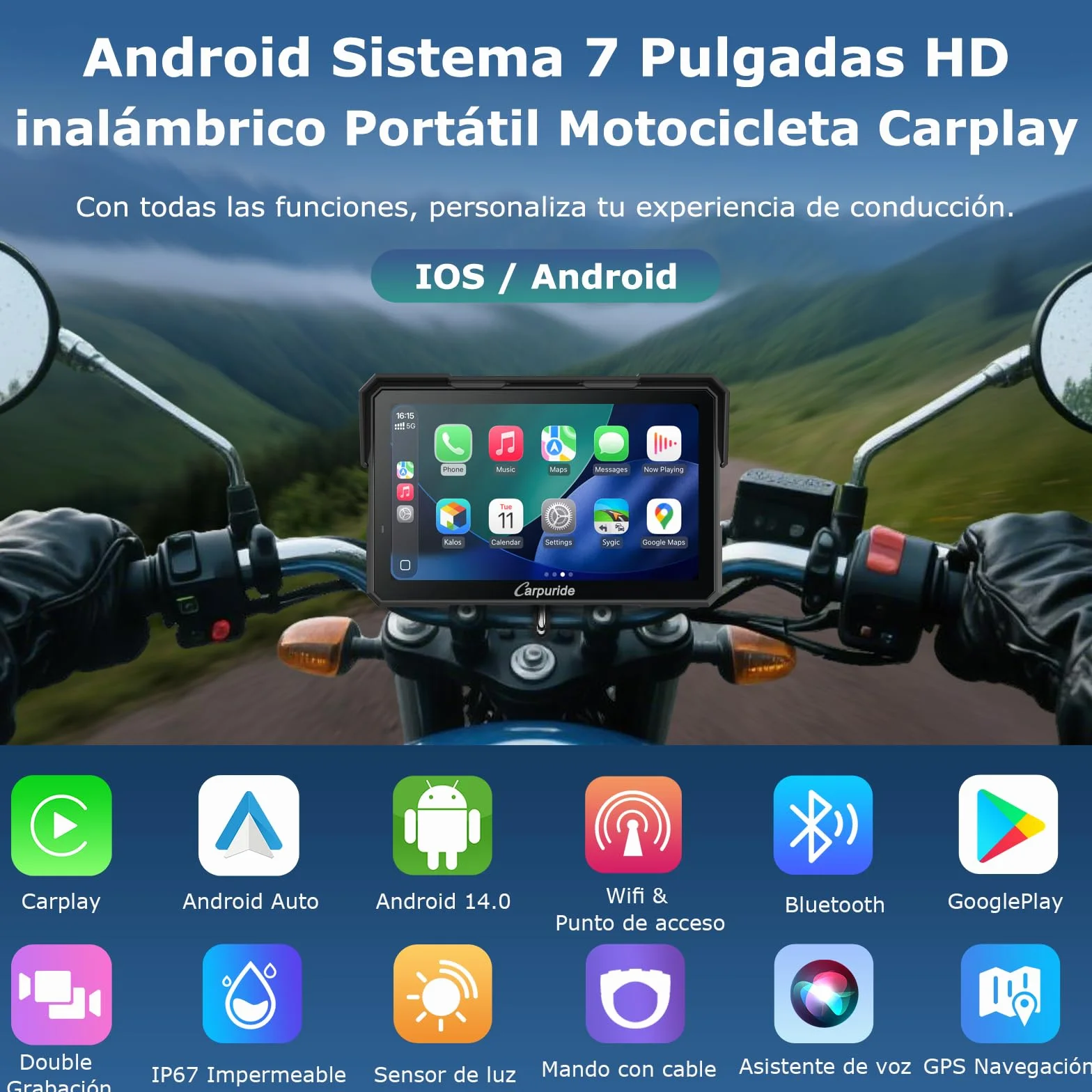 Carpuride W702 Plus Motocicleta Carplay Pantalla con Doble Cámara 7" Pantalla Táctil Impermeable CarPlay Android Auto Inalámbricos