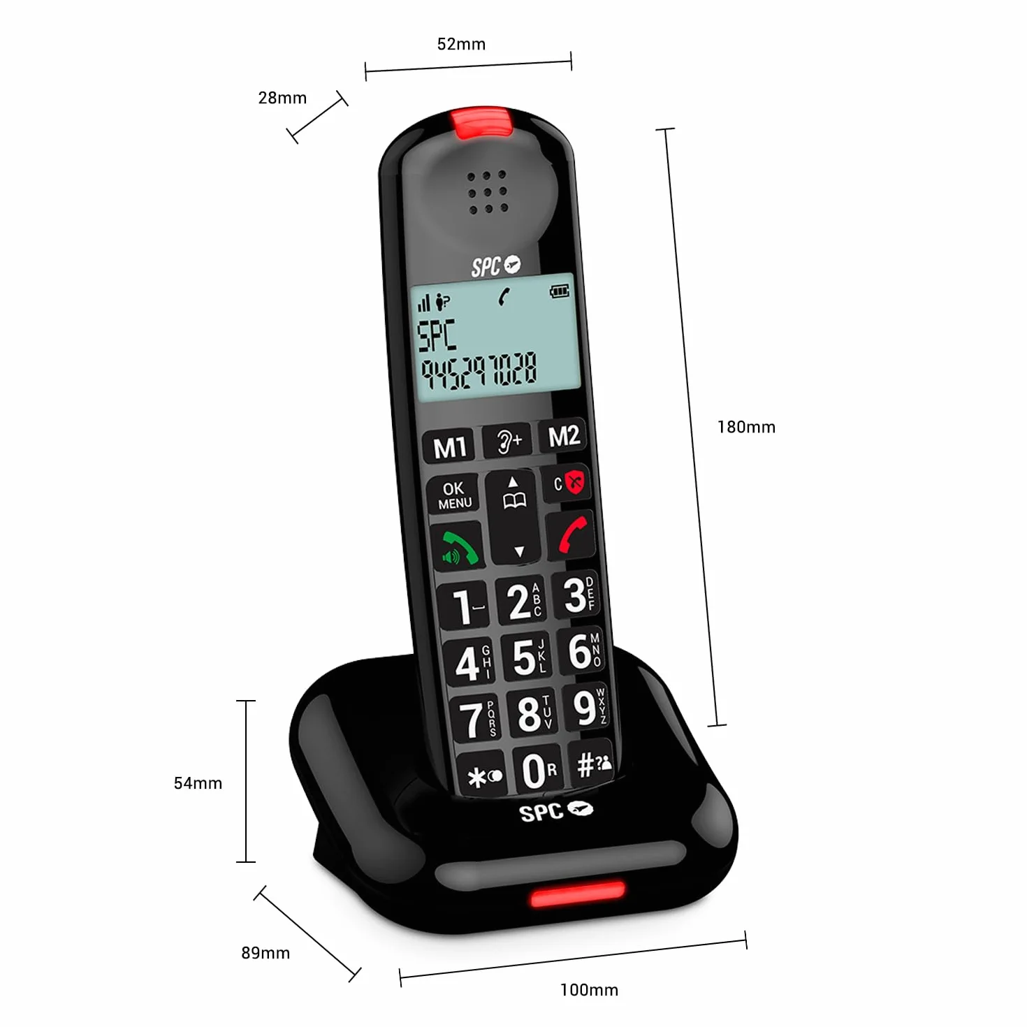 SPC Comfort Kairo - Teléfono inalámbrico para Personas Mayores con Teclas Grandes, Sonido extramplificado, Compatible audífonos, función Bloqueo Llamada, señal Luminosa y 2 memorias directas – Negro