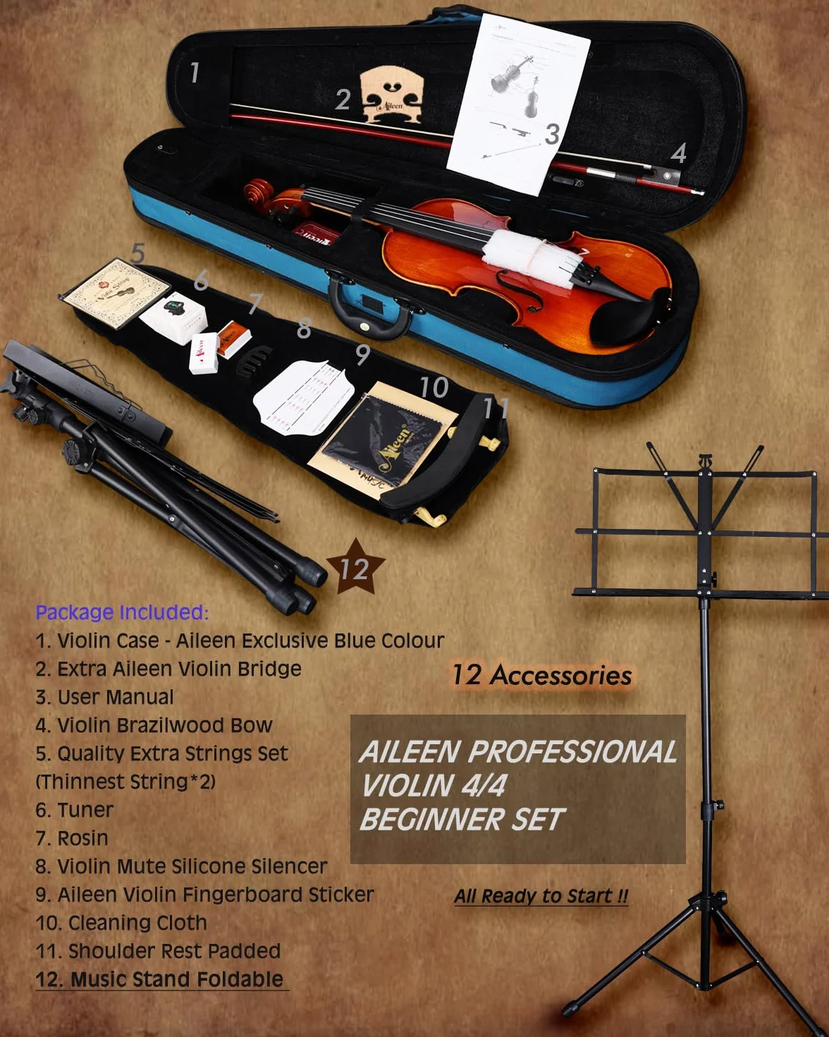 Violín 4/4 de tamaño completo para estudiantes, adultos, violín de abeto europeo sólido con soporte para partituras