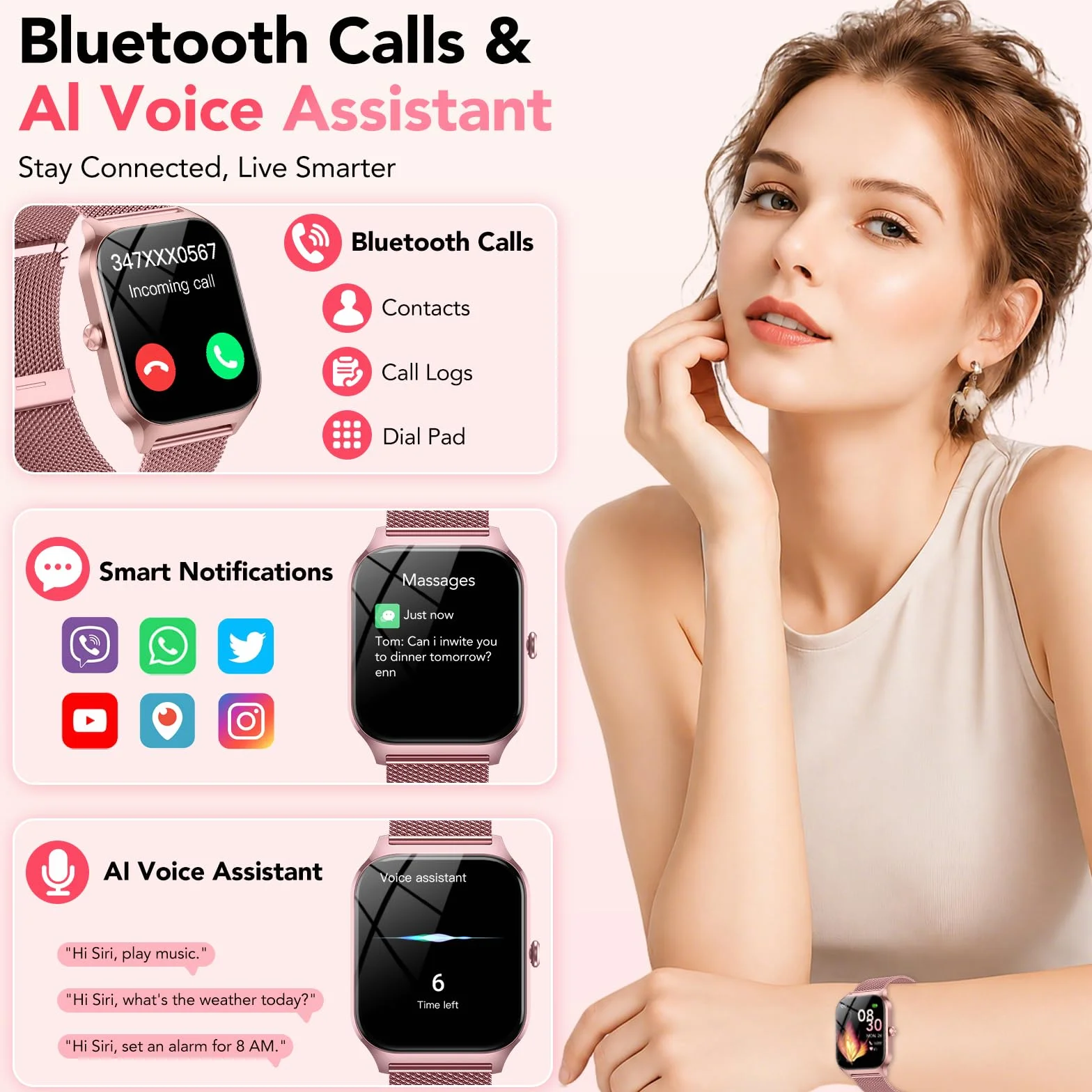 Reloj Inteligente Mujer con Llamadas Bluetooth y Asistente IA, Whatsapp Notificaciones,1.85" HD Smartwatch Mujer con SpO2/Pulsómetro/Monitor de Sueño,120+ Modos Deportes para iPhone Android,2 Correas