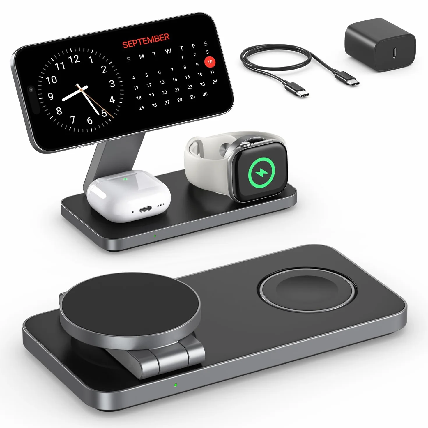 EXW Cargador inalámbrico magnético 3 en 1 Cargador portátil Plegable para iPhone 17/16/15/14/13/12 AirPods Apple Watch Adaptador de Cable 20W (Negro)