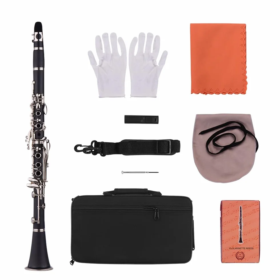 Clarinete ABS 17 llaves bB, clarinete binocular plano de soprano, incluye paños de limpieza y guantes, 10 cañas con estuche, destornillador, instrumento de viento de madera