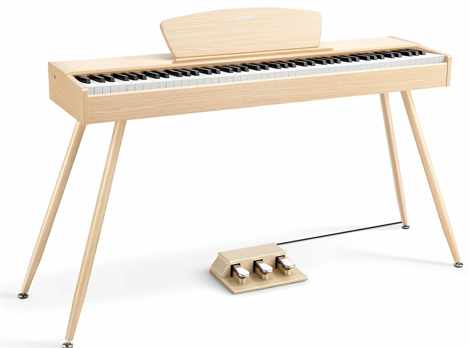 Donner DDP-80 Piano Digital de 88 Teclas Contrapesadas, Piano Eléctrico de Tamaño Completo con Soporte, Pedal Triple, Conexión MIDI e Interfaz para Auriculares, Color Madera Clara