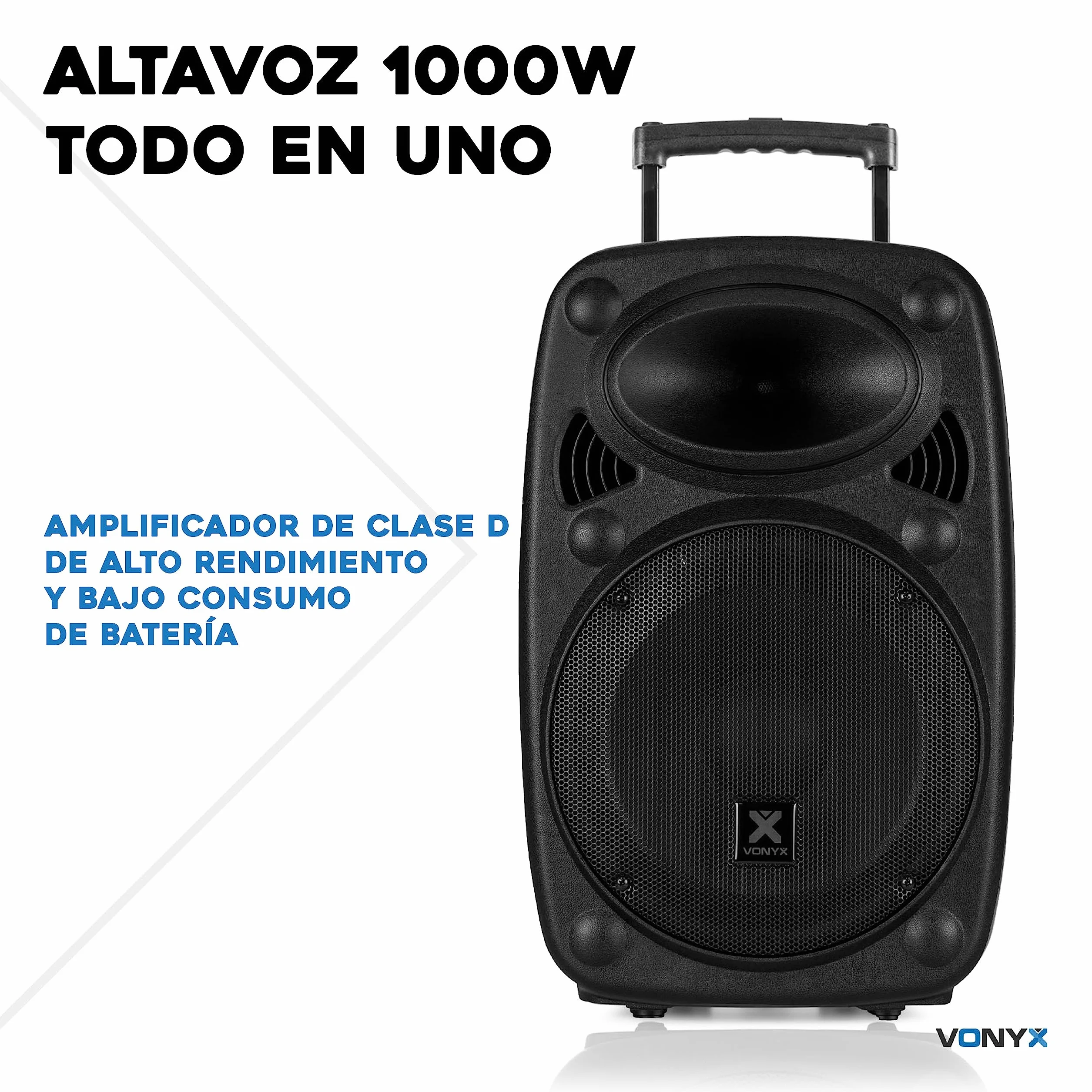 Vonyx Verve46 Altavoz Bluetooth Potente 1000w, Altavoz autoamplificado portatil con microfono Karaoke, Bluetooth Speaker USB, SD, MP3, AUX, 2 microfonos UHF, Mando a Distancia, Subwoofer 15", Negro