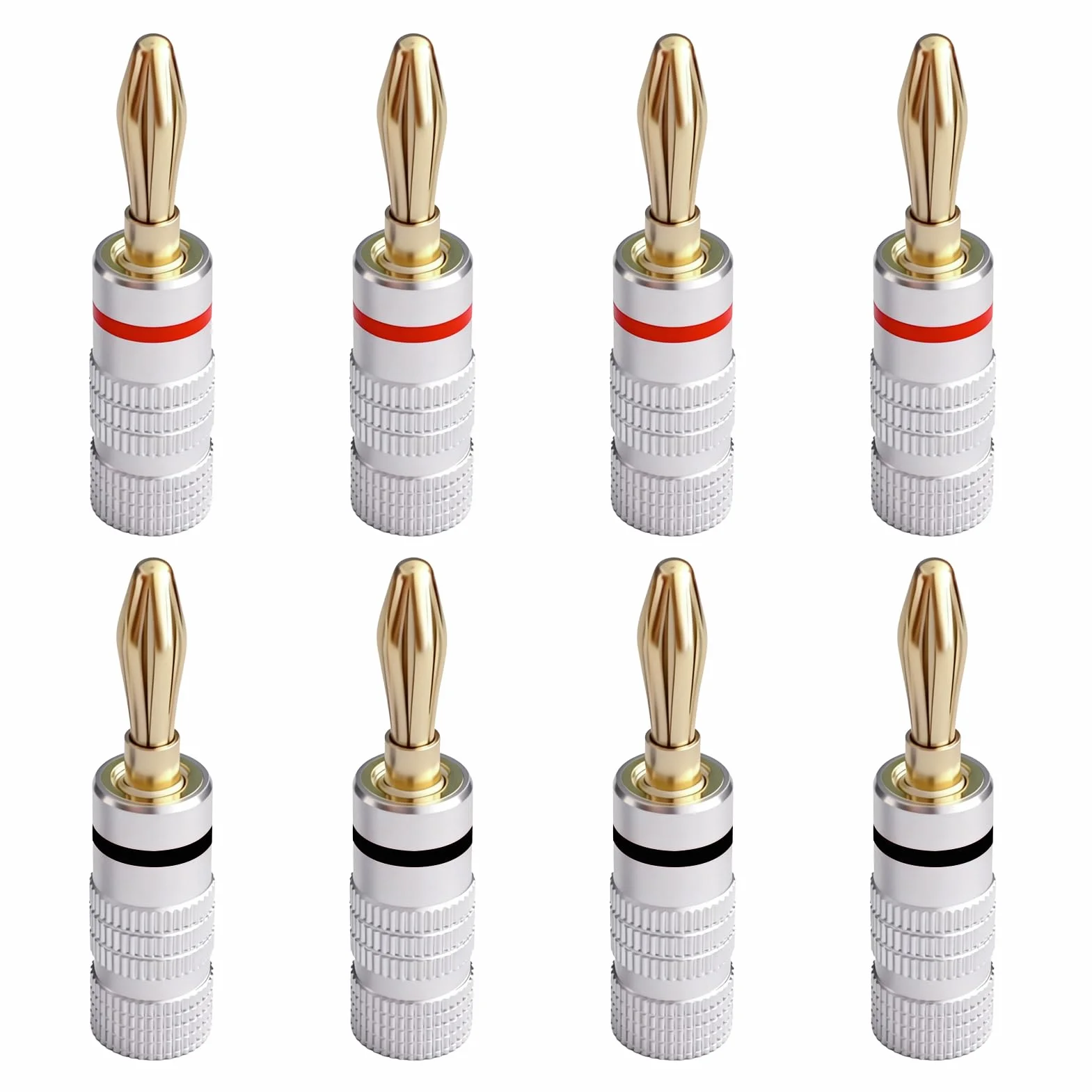 8 Piezas Conectores Banana para Altavoces 4mm Chapados en Oro 24K, Conectores de Audio HiFi para Cine en Casa, Compatibles con Cables de 0.75 mm a 4 mm (4 Rojos, 4 Negros)
