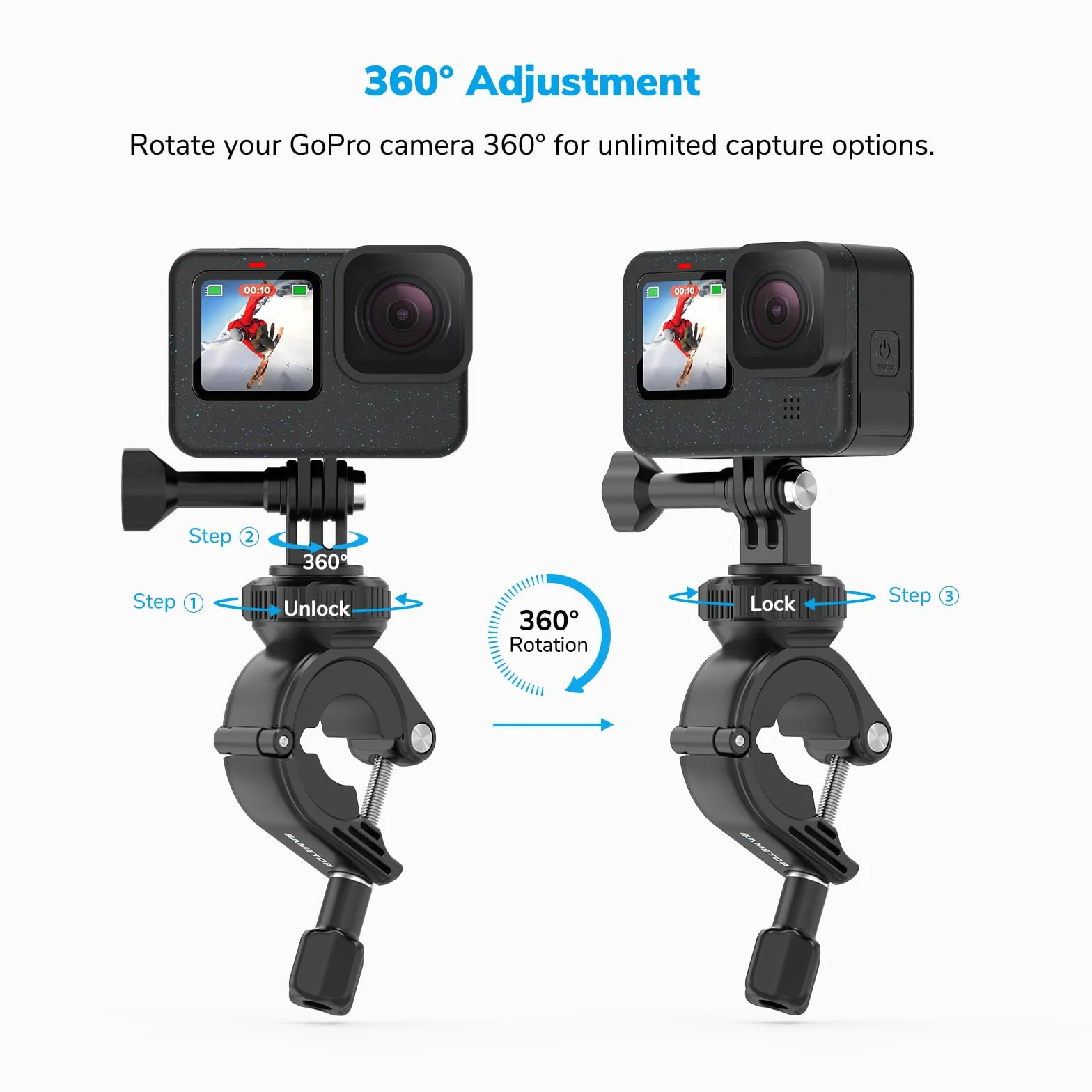 Soporte de Manillar Bicicleta Moto Abrazadera de Montaje de Barra Clamp Monturas para GoPro Hero 13 12 11 10 9 8 7 6 5 Session dji Cámaras de Acción - Giratorio de 360 Grados
