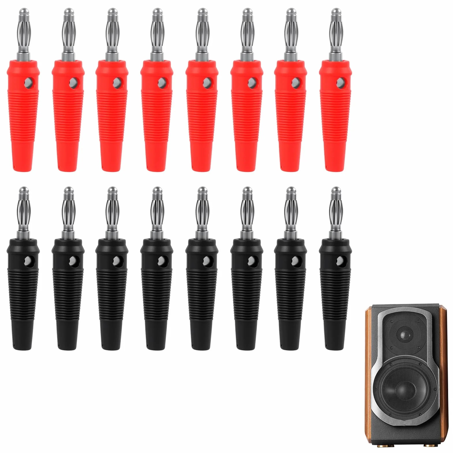 Conectores Banana 4mm Funda Goma Suave, 8 Rojos 8 Negros, Hierro Niquelado, para Altavoces sin Soldadura