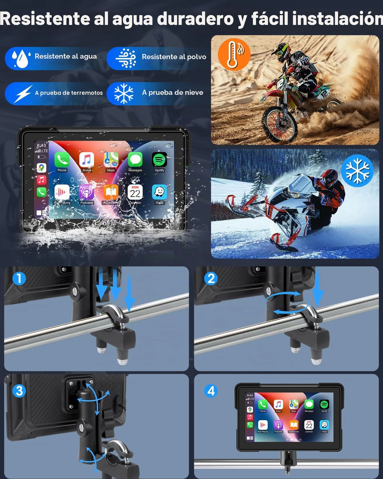 7 Pulgadas Carplay Moto Android Auto Moto Pantalla Carplay Portátil Inalámbrica con Navegador para Motocicletas, Siri/Asistente de G-oogle, Bluetooth, Impermeable IP67 para Viaje al Trabajo