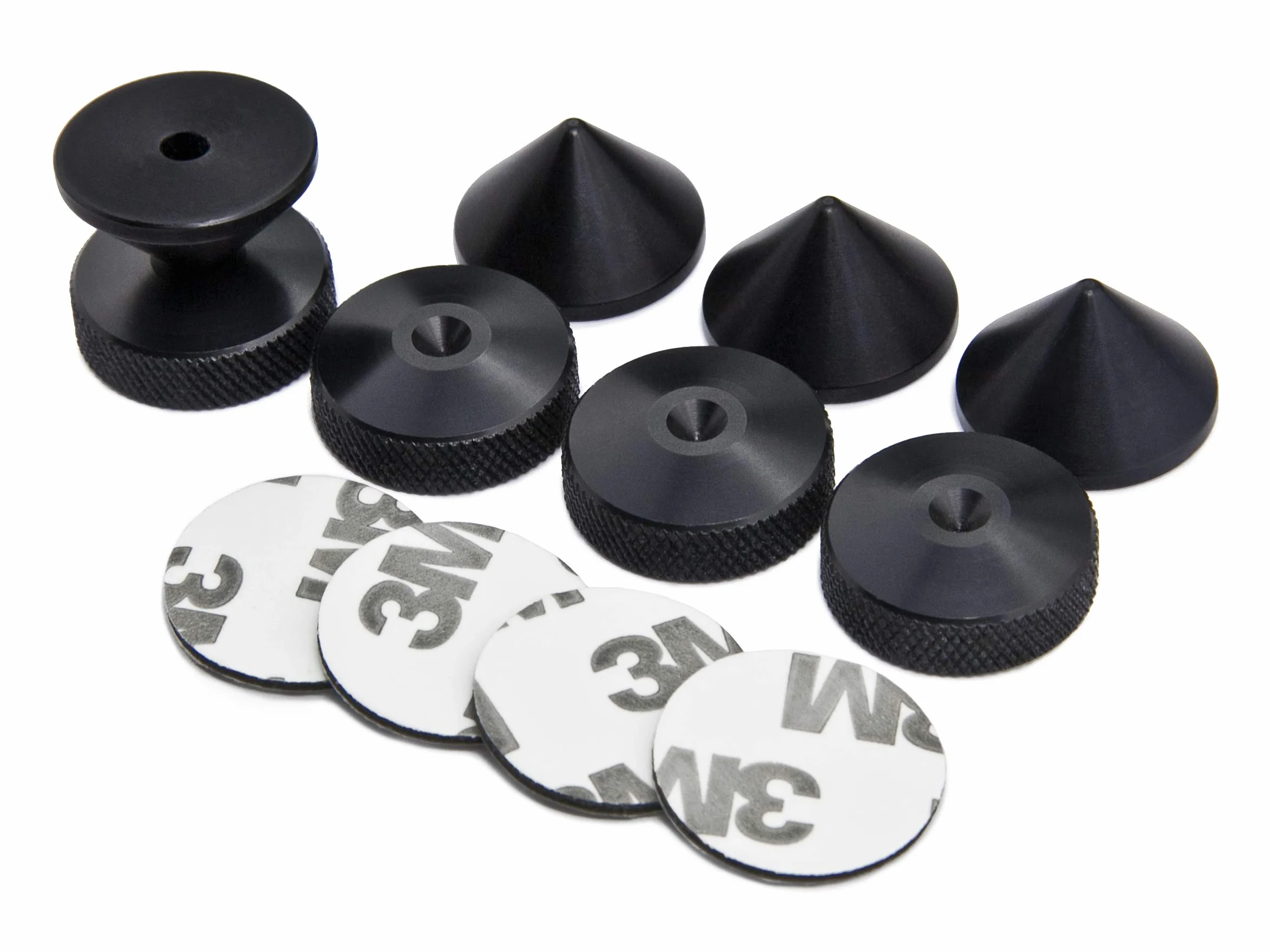 Puntas de Desacople para Altavoces Aluminio Anodizado Negro + Almohadilla de Espuma 3M Adhesiva