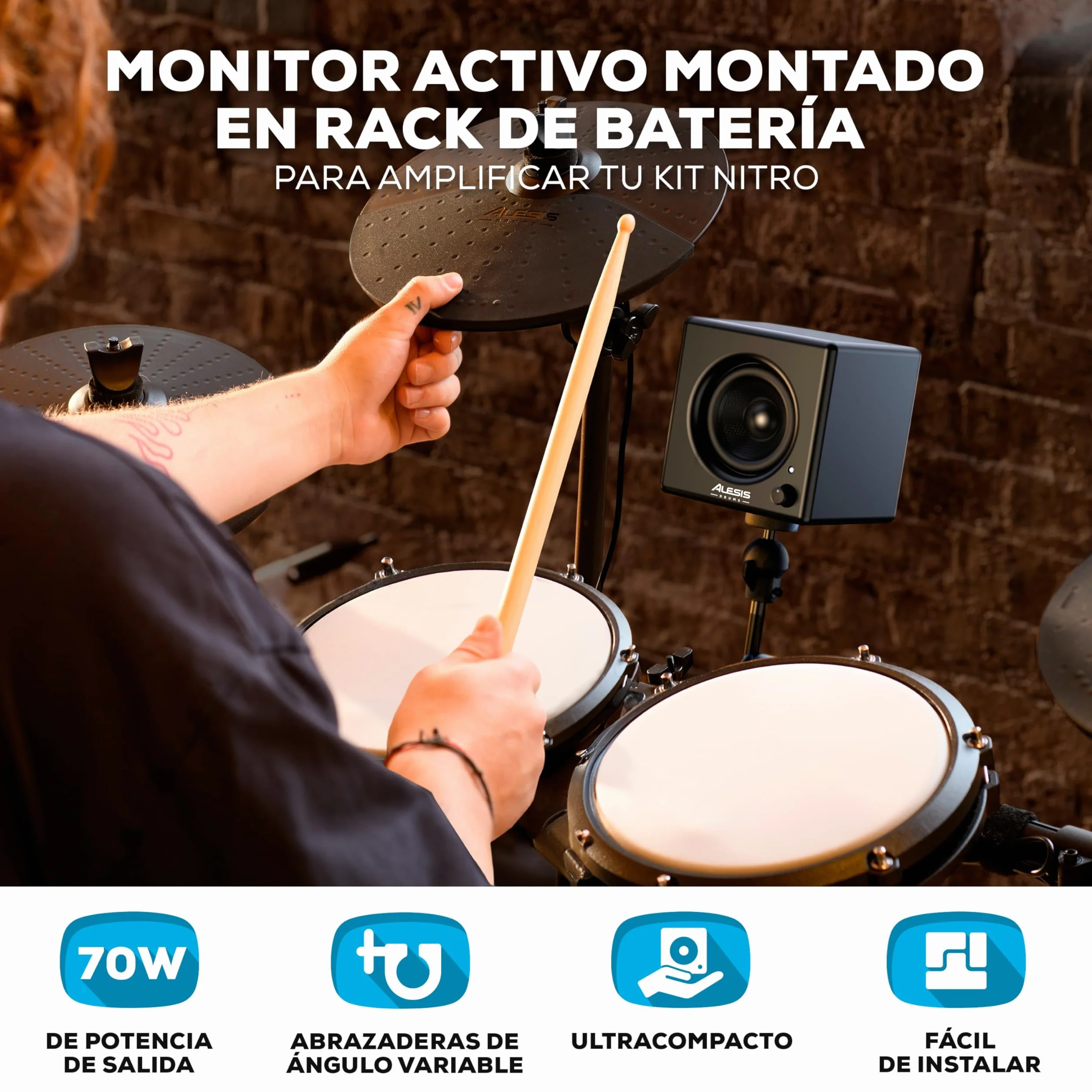 Alesis Nitro Amp - Altavoz Monitor de Batería Electronica Compacto de 3" y 70W para Prácticas y Lecciones, montable en Rack con Las Abrazaderas Incluidas