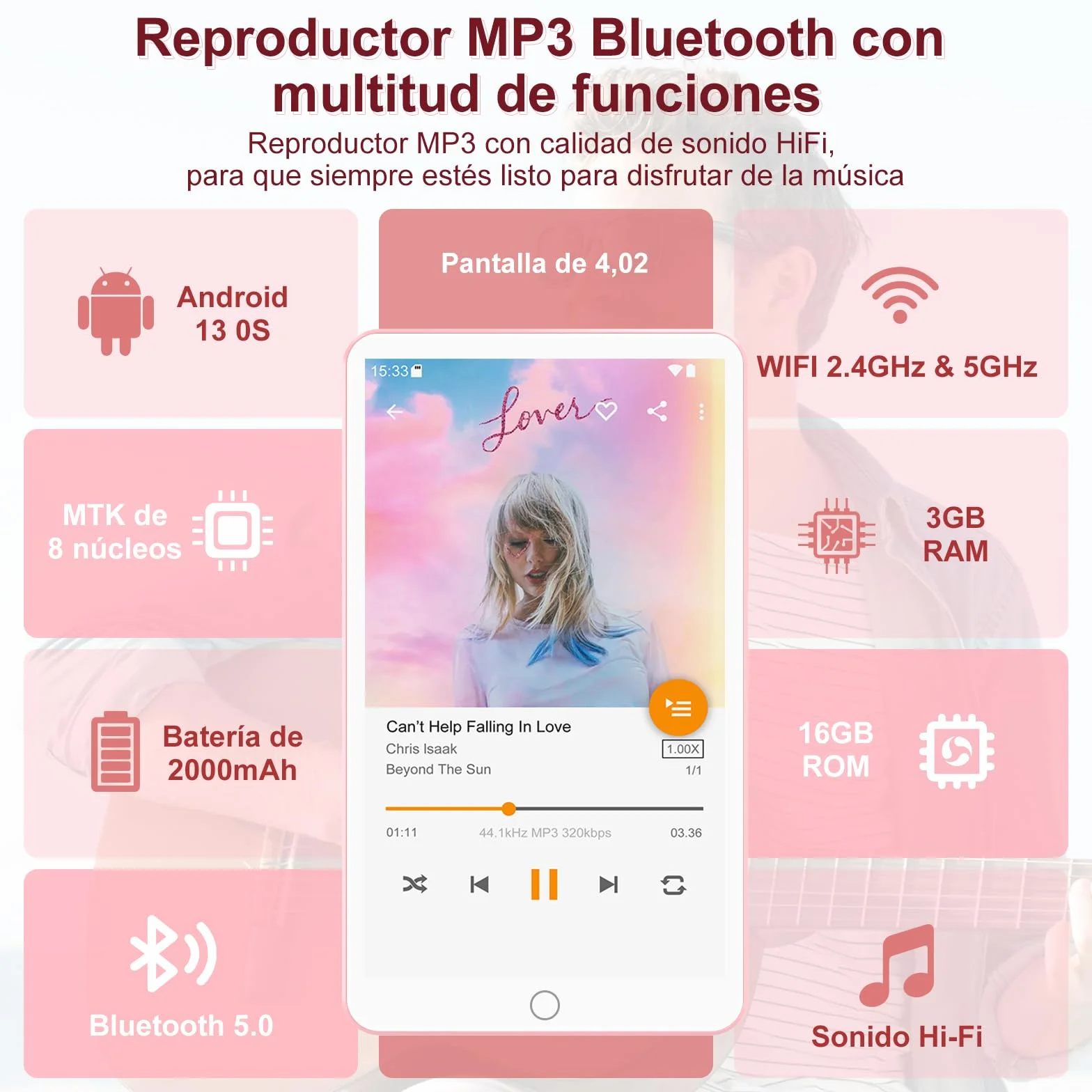 Reproductor MP3 Spotify con Bluetooth y WiFi, Reproductor MP4 Android para niños, Pantalla táctil de 4,02 Pulgadas con Audible,Amazon Music, Deezer, Play Store(Pink16GB)