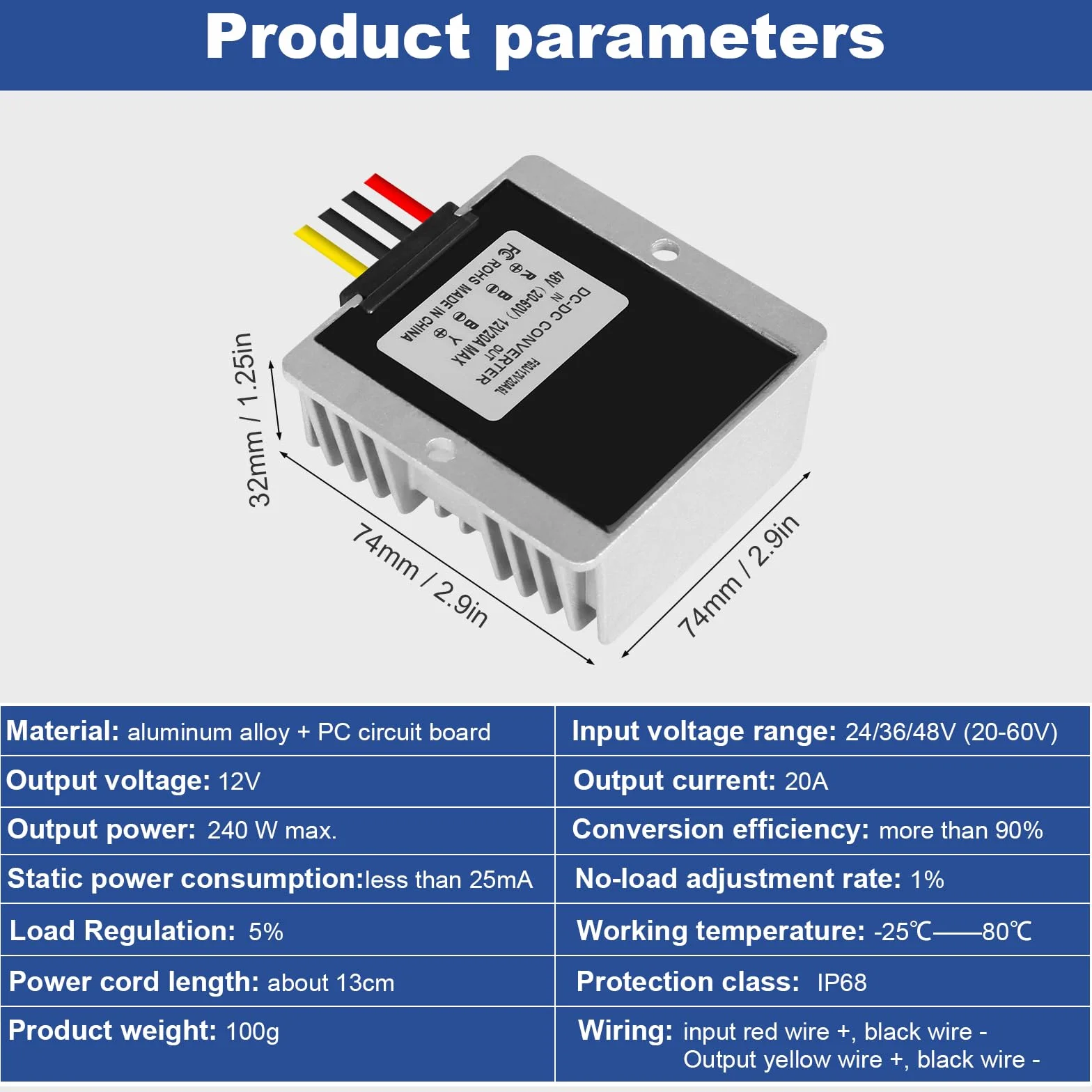 Convertidor Reductor DC 36V 48V 60V a 12V 20A 240W, IP67 Impermeable Regulador de Voltaje de Coche, Buck Converter Módulo Fuente Alimentación