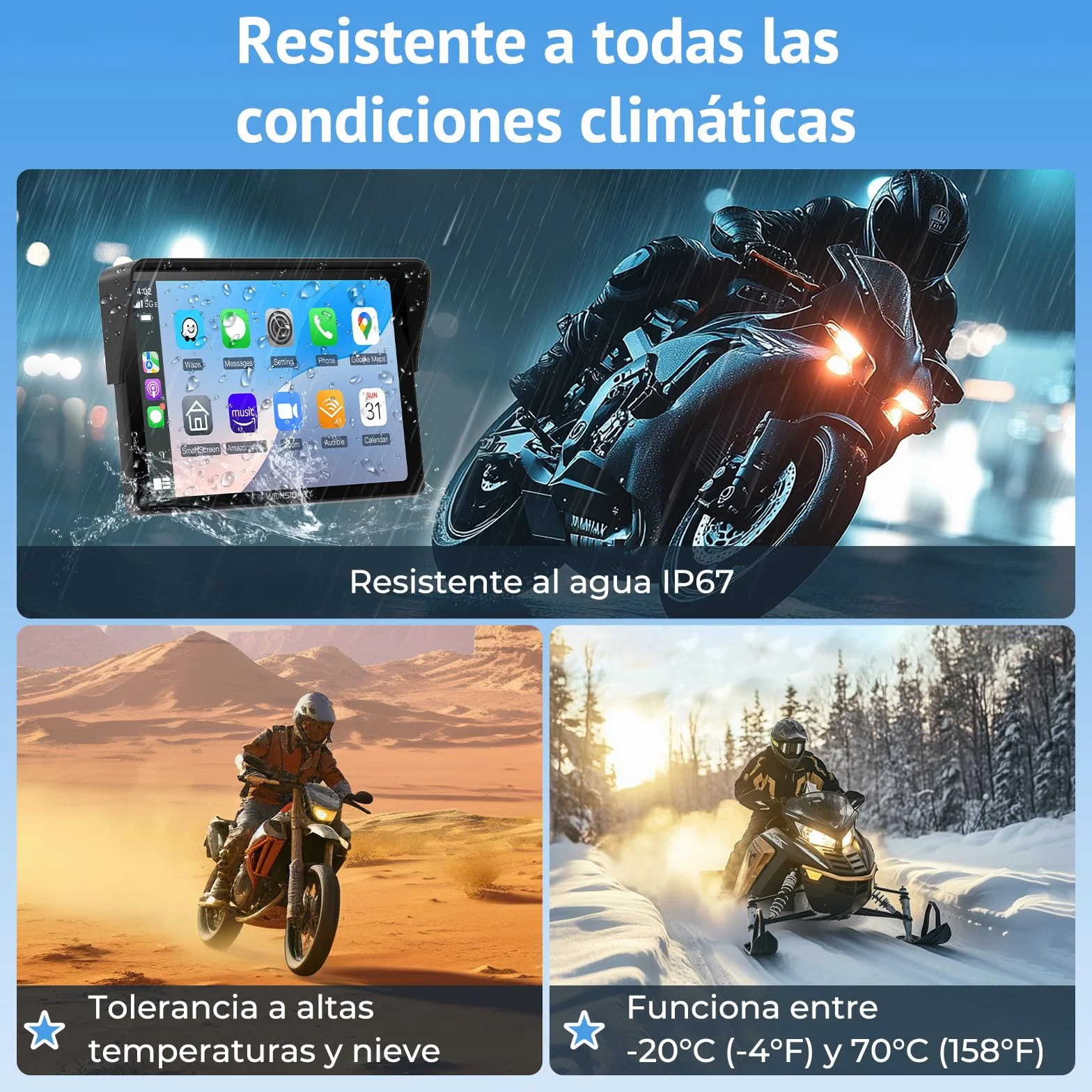 Carplay Moto 7 Pulgadas Pantalla TáCtil,InaláMbricos Carplay y Android Auto, Navegador GPS Moto Conectar y Usar con IP67 Impermeable, Sensor De Luz,Bluetooth Trans, Siri/Google Assistant,EQ