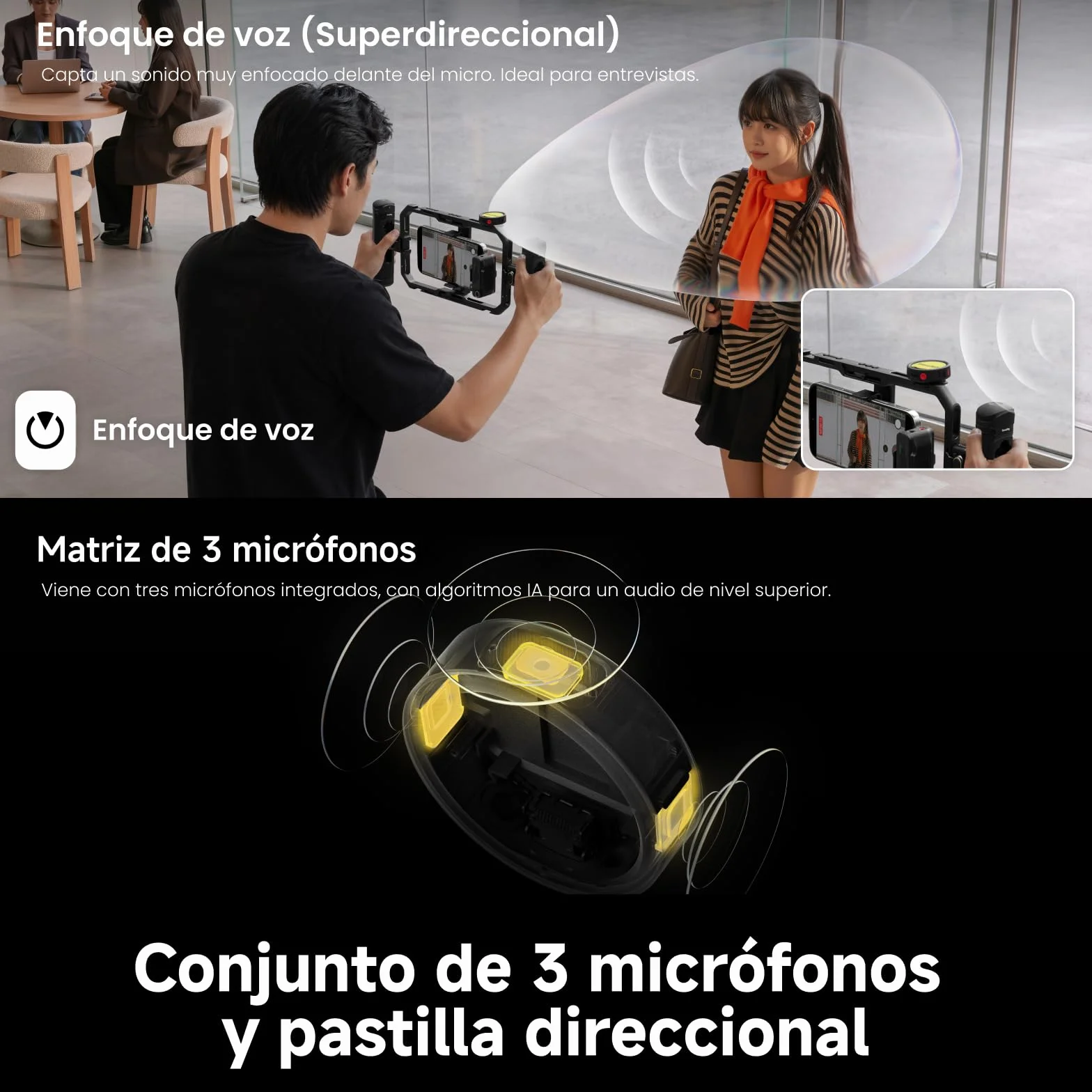 Insta360 TX Mic Pro, Mini Mic. de Solapa inalámbrico para iPhone/cámara/Android, grabación de vídeo, Bluetooth, Pantalla E-Ink Personalizable, Matriz de 3 mics., grabación Interna Flotante 32bits