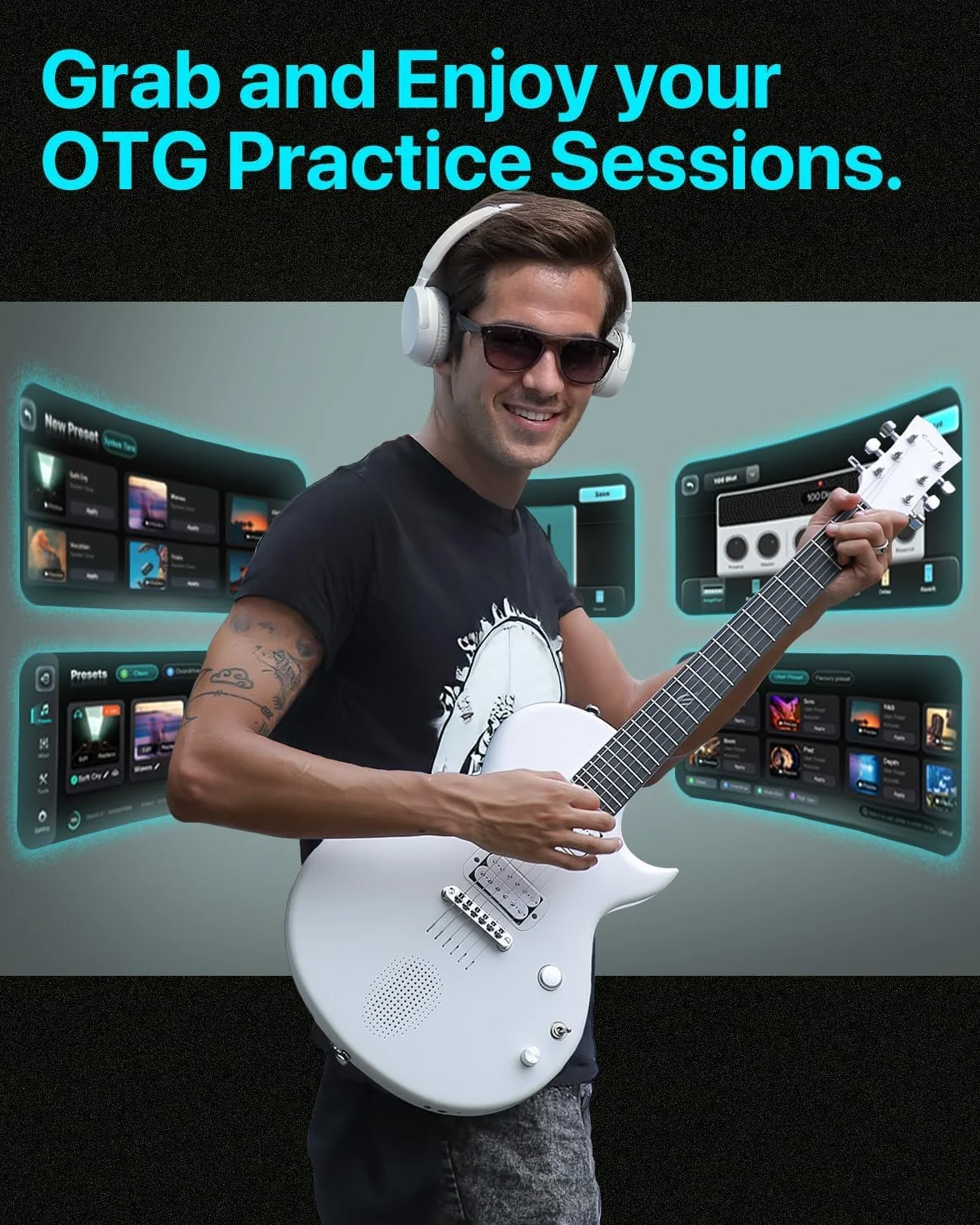 Guitarra Eléctrica Enya Nova-Go Sonic - Guitarra Inteligente de Fibra de Carbono Blanca con Altavoz Inalámbrico de 10 W, Preajustes Integrados, Cable de Carga, Llave de Ajuste y Bolsa de Transporte
