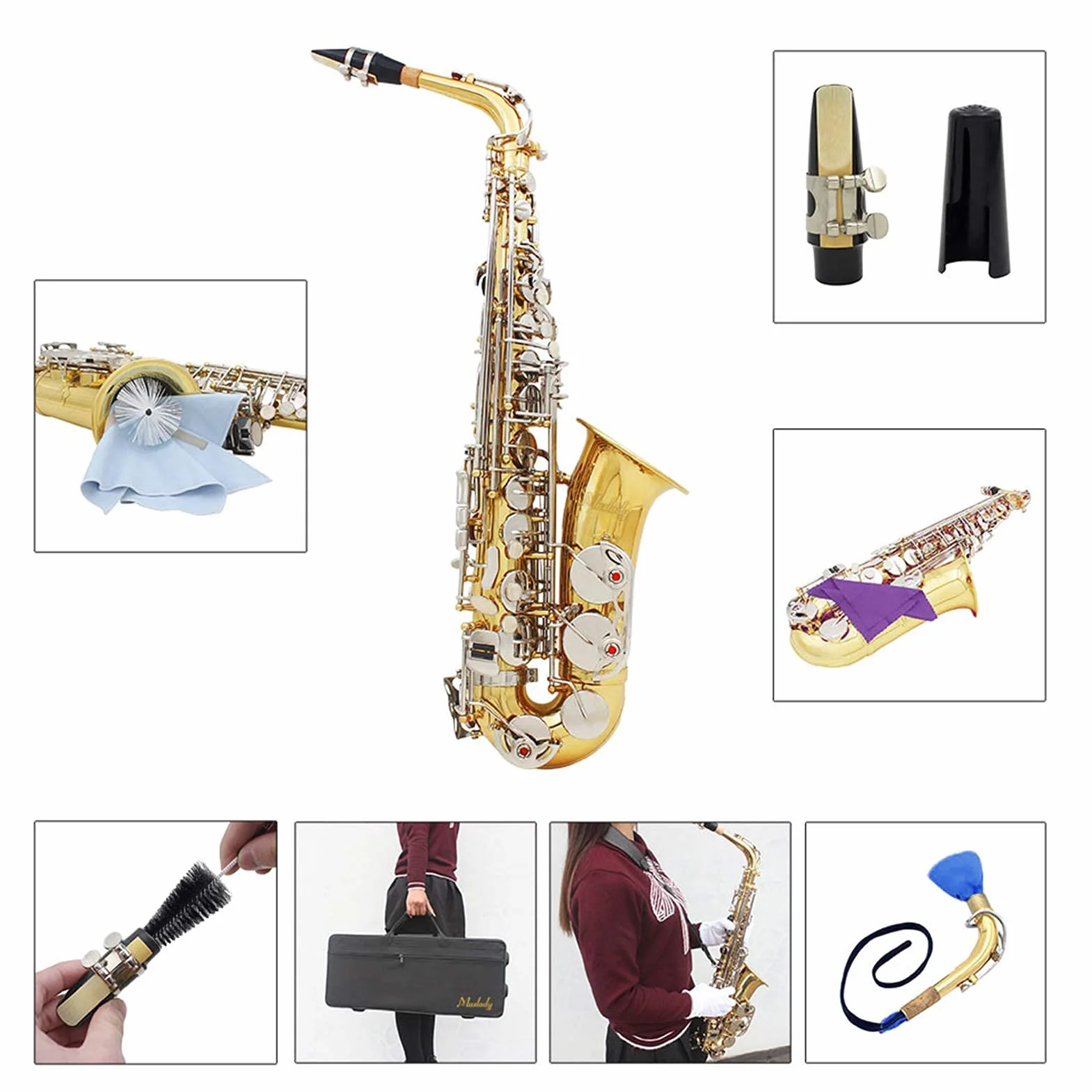 Saxofón alto, latón brillante, grabado Eb, botón de concha blanca, instrumento de viento con funda, guantes de silencio, paño de limpieza, cepillo para cinturón