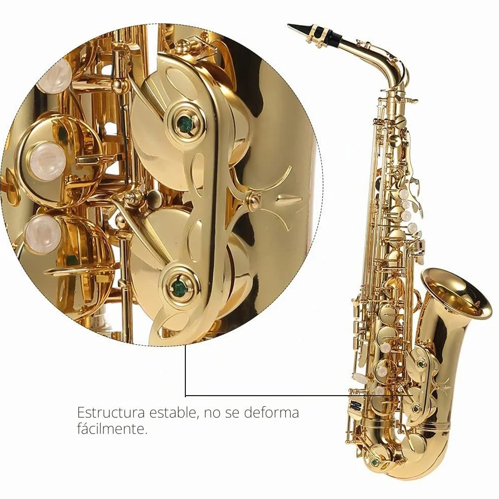 Saxofón alto en Mi bemol de latón chapado en oro, instrumento de viento madera con llave, cepillo y paño de limpieza, guantes, correa acolchada y funda