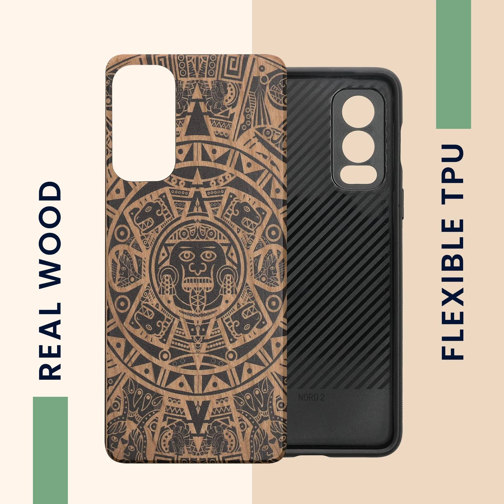 kwmobile Carcasa OnePlus Nord 2 5G Funda de Madera con Bumper Antigolpes Calendario Azteca