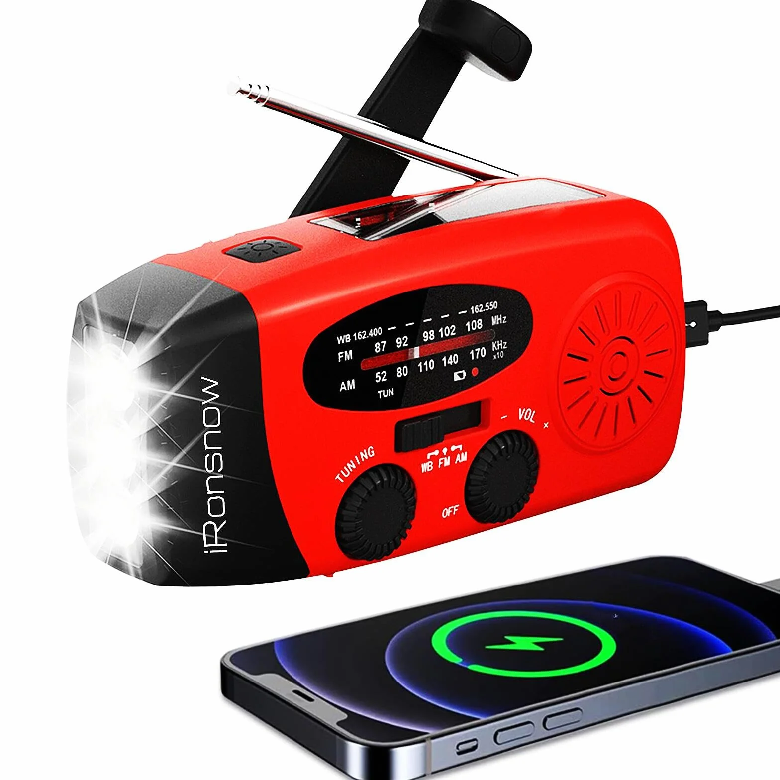 iRonsnow Radio de Emergencia, Radio Solar Portátil FM/Am/WB Manivela de la Mano Radio con 2000mAh Banco de Energía como Power Bank LED Linterna para Actividades Al Aire Libre y Emergencias