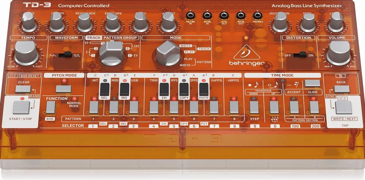 Behringer TD-3-TG Sintetizador de línea de graves analógico con VCO, VCF, secuenciador de 16 pasos, efectos de distorsión y cadena de poli 16 voz, compatible con PC y Mac