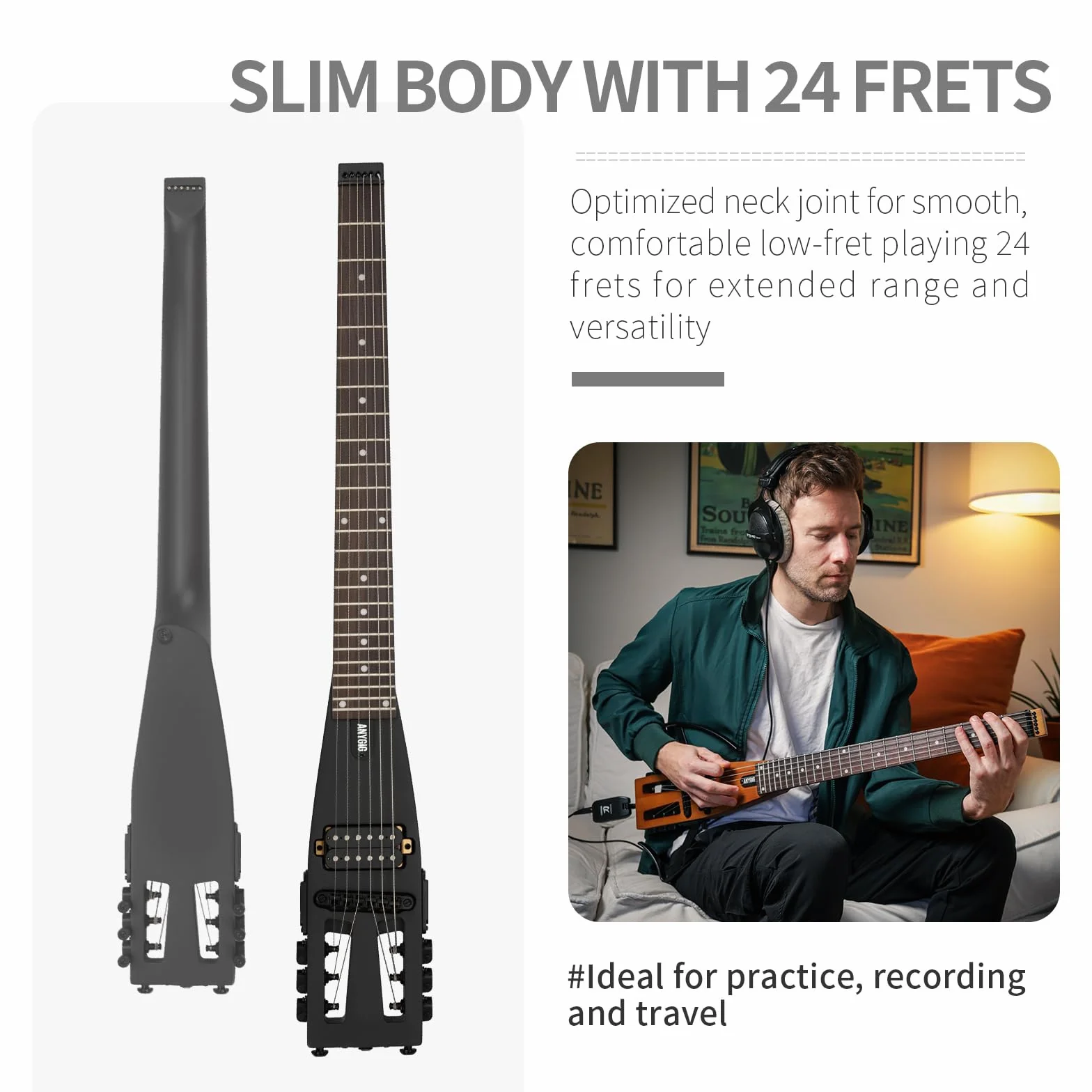 Guitarra eléctrica de viaje ultraligera con diapasón de palisandro de 64 cm, color negro