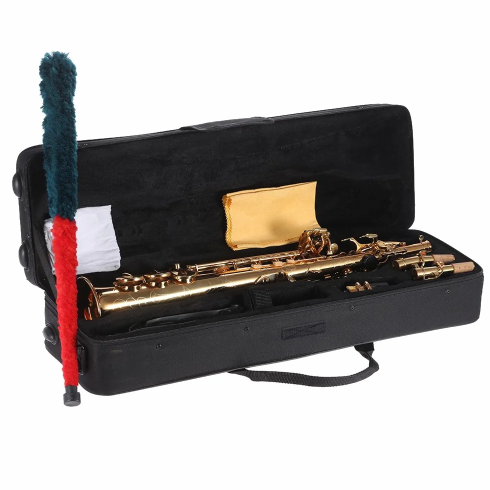 Btuty Saxofón soprano recto de latón Bb B Flat Natural Shell Key Carve Pattern con bolsa de transporte, guantes, paño de limpieza, correa, varilla de limpieza