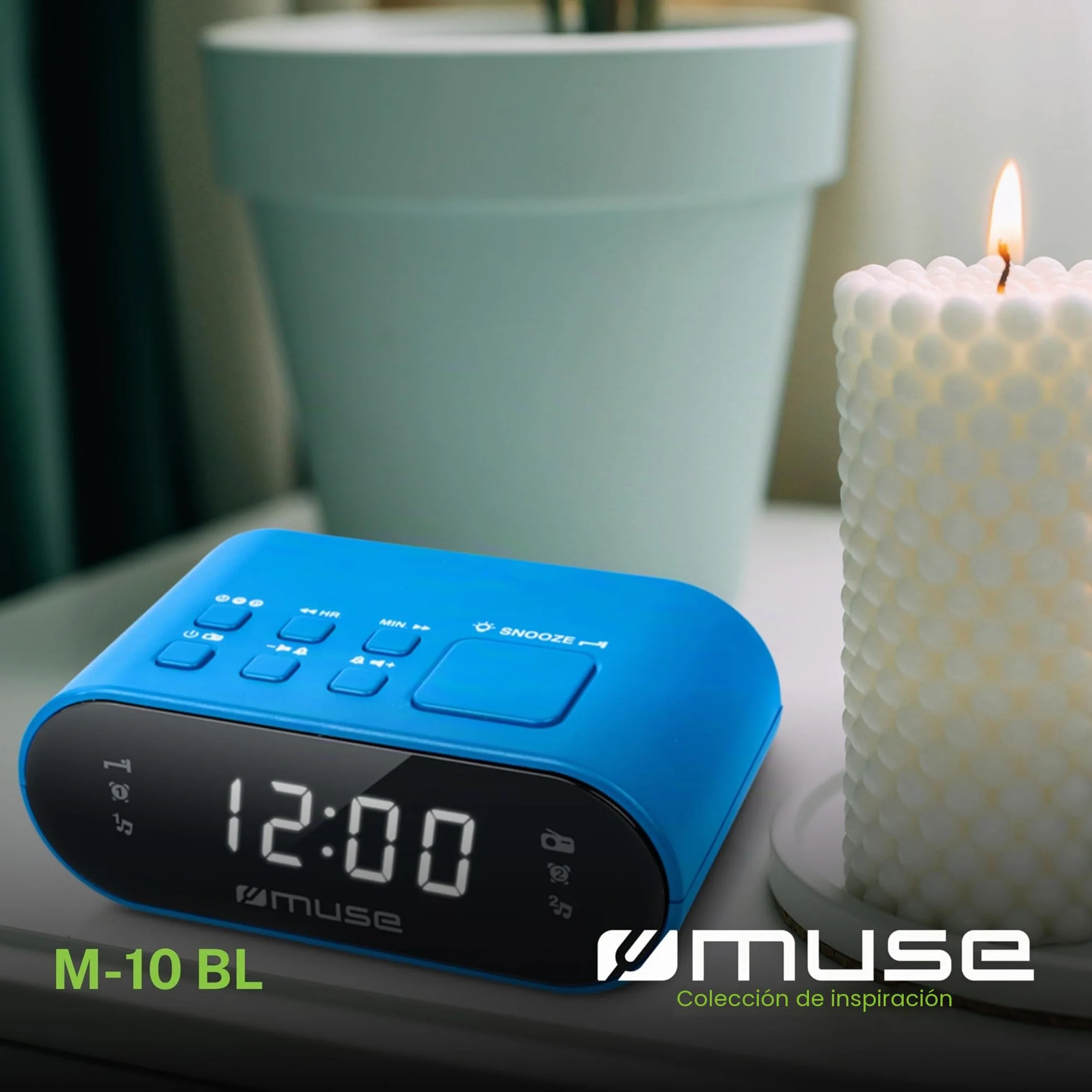 Muse M-10 - Radiodespertador con 2 alarmas PLL, Reloj de 24 Horas, regulador de Intensidad, Color Azul
