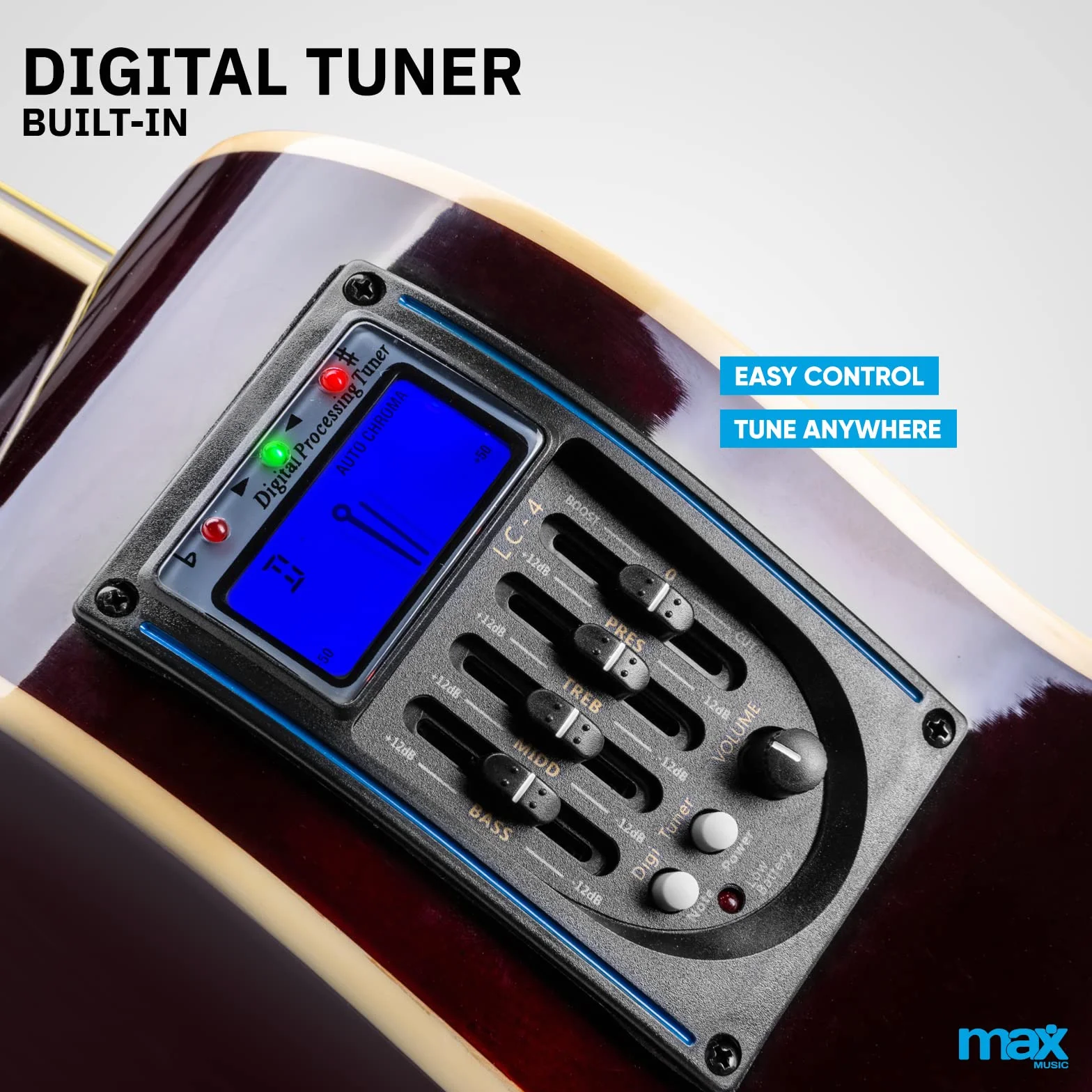 MAX Showkit Guitarra Electroacústica Madera Clara con Cuerdas de Acero de Repuesto, Amplificador, Funda, Afinador, Correa y 2 Púas – Pack Completo Ideal para Principiantes, Ensayos o Regalo