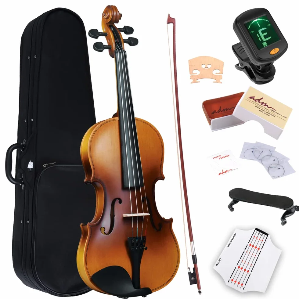 ADM Violín 4/4 Tamaño Completo para Principiantes con Afinador de Clip, Pegatina para el Diapasón, Cuerdas Extra, Estuche Rígido, Arco de Rana Enony, Reposahombros, Colofón