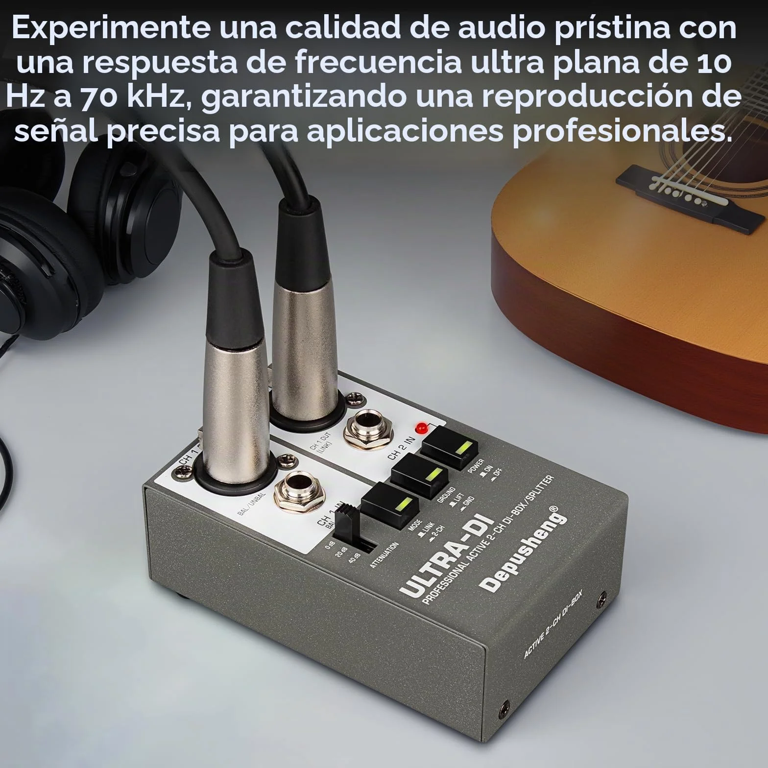Depusheng Ultra-DI Di2 - Caja DI/Divisor activo profesional de 2 canales con atenuador de entrada para conectar guitarra y bajo, conector balanceado y no balanceado, compatible con 48 V