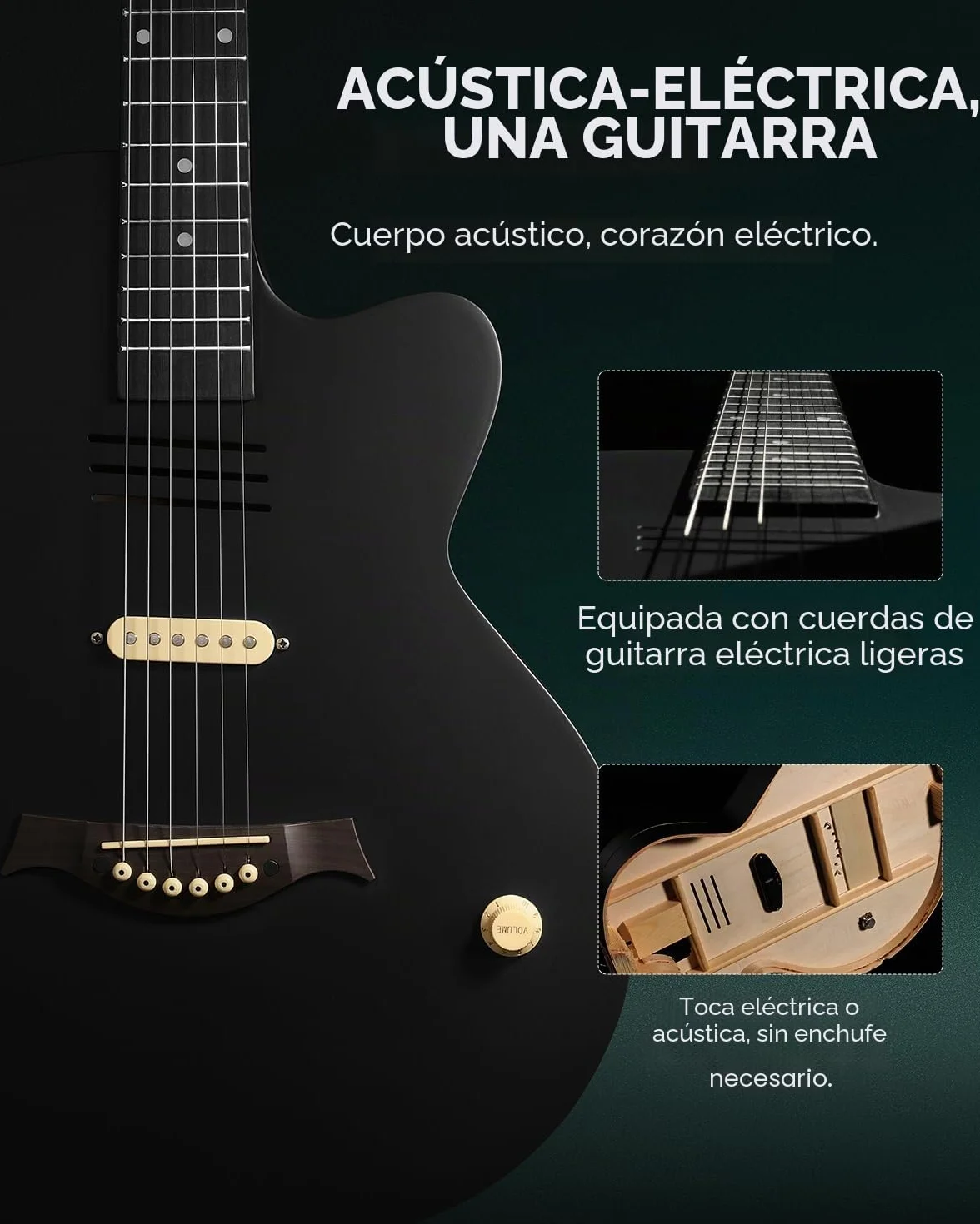 Moukey BCC-100 Guitarra electroacústica de 39 pulgadas con cutaway, pastilla pasiva, funda, correa, púas, afinador y cejilla, modo acústico y eléctrico, Negro