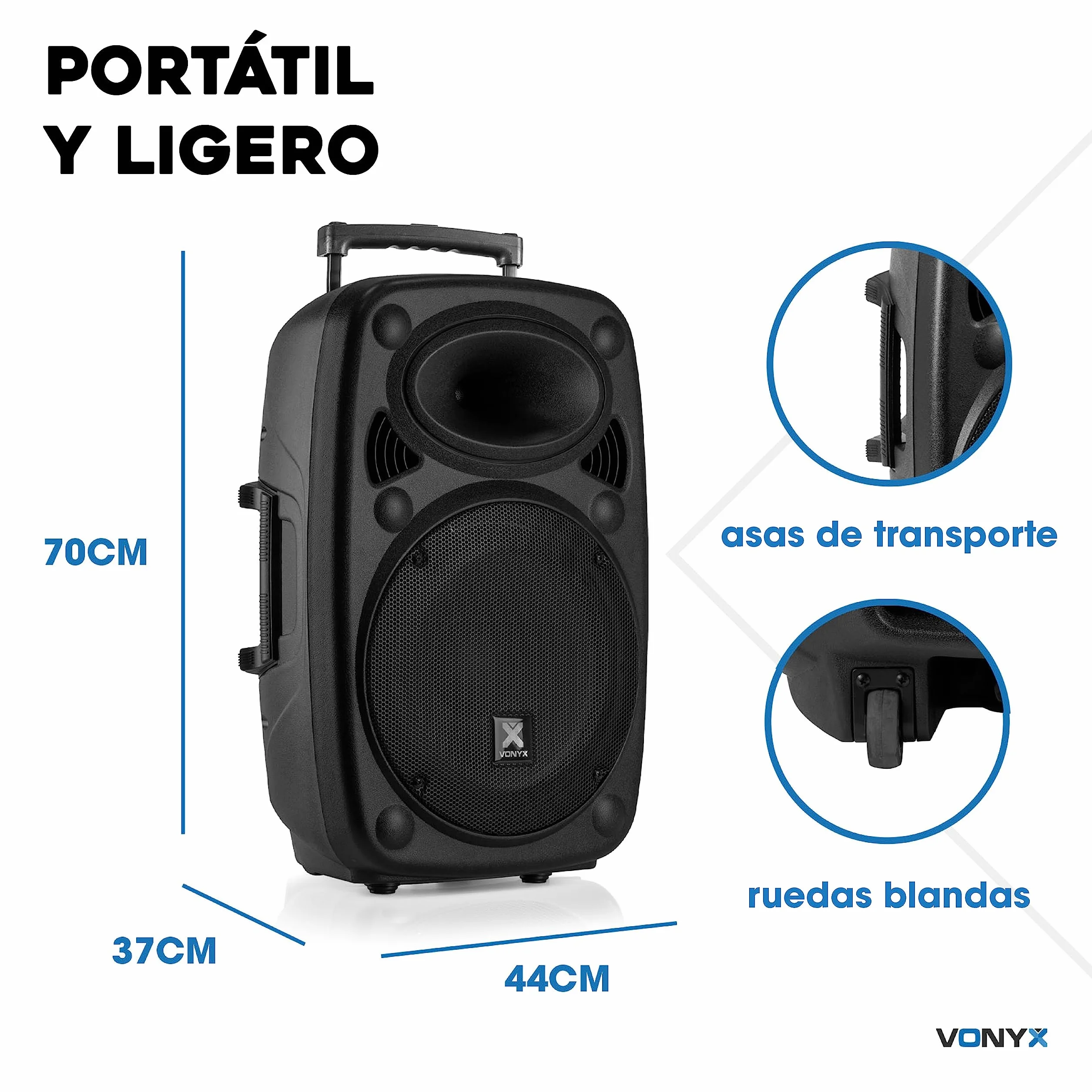 Vonyx Verve46 Altavoz Bluetooth Potente 1000w, Altavoz autoamplificado portatil con microfono Karaoke, Bluetooth Speaker USB, SD, MP3, AUX, 2 microfonos UHF, Mando a Distancia, Subwoofer 15", Negro