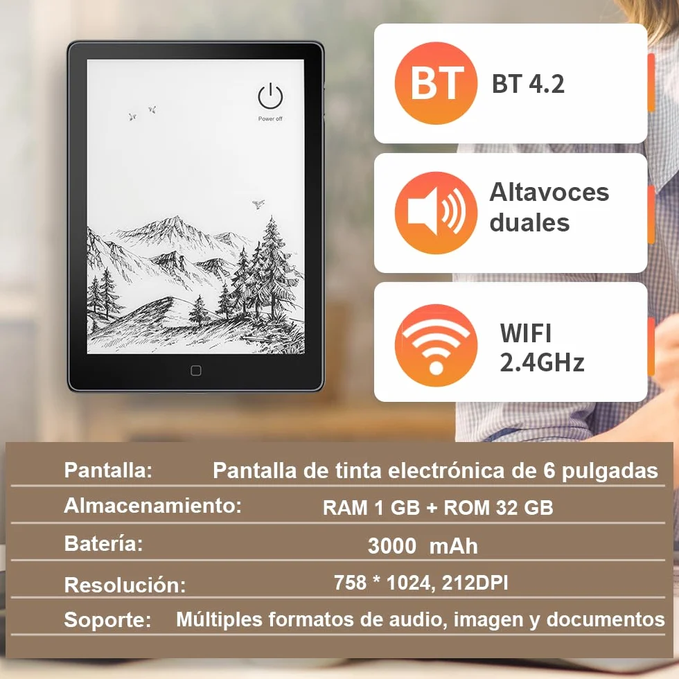 Veidoo Lector de libros electrónicos 6 pulgadas 32 GB 758x1024 212 DPI luz ajustable Android altavoz