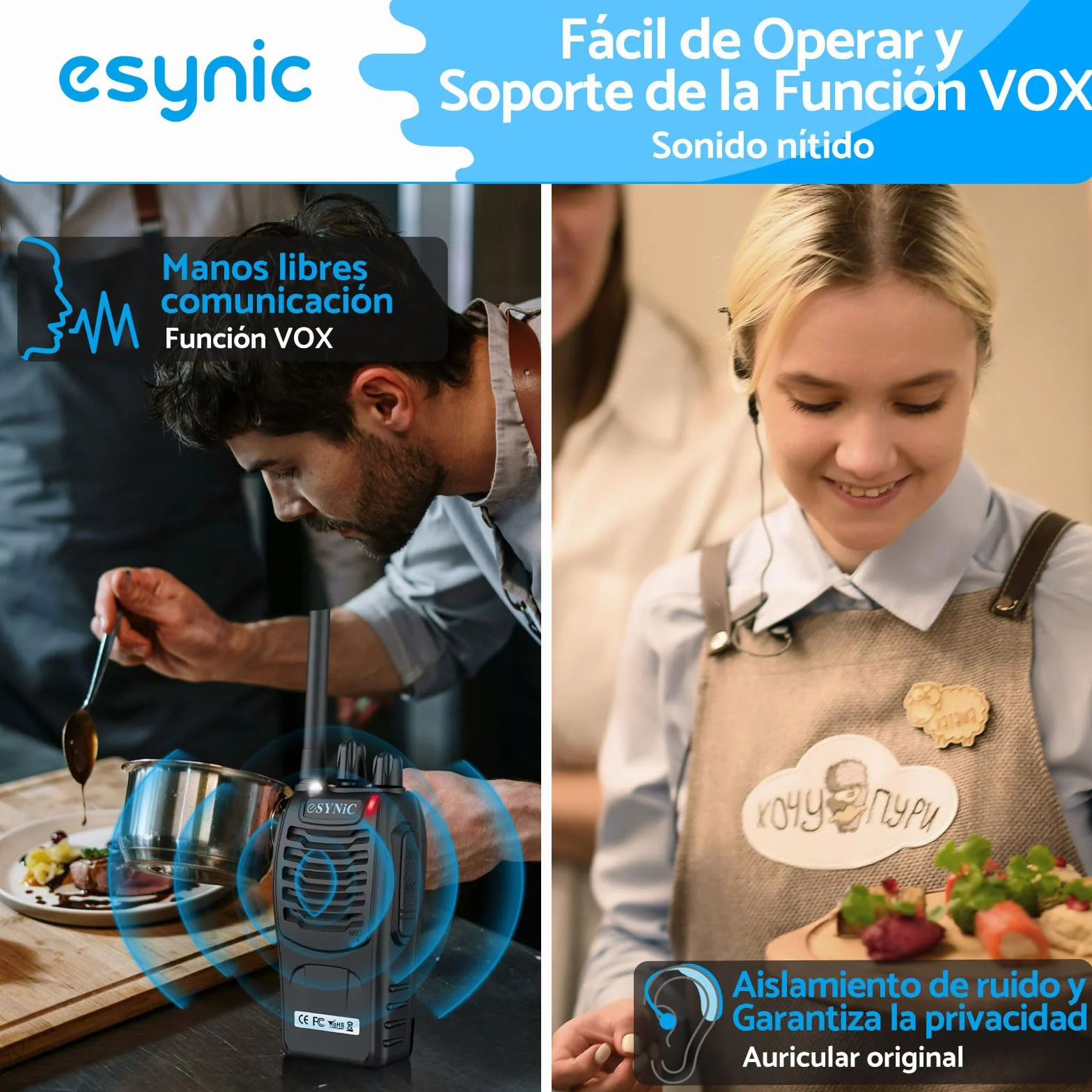 eSynic 4PCS Walkie Talkies de Larga Distancia con Auriculares Walkie-Talkie Profesional 16 Canales 1500mAh con Cargador USB Soporta VOX para Sobrevivir en el Campo Ciclisimo