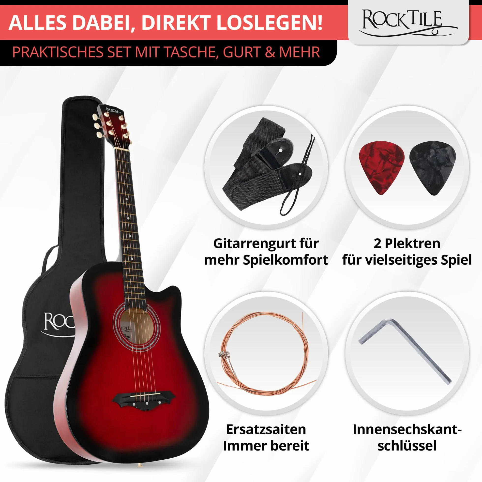 Rocktile WSD-5C-RDB Slim Line Set de Guitarras Western - Guitarra Acústica Dreadnought - Cuerpo de Tilo - Mástil: Catalpa - Set incluye funda, cuerdas de repuesto, correa y púas - Redburst