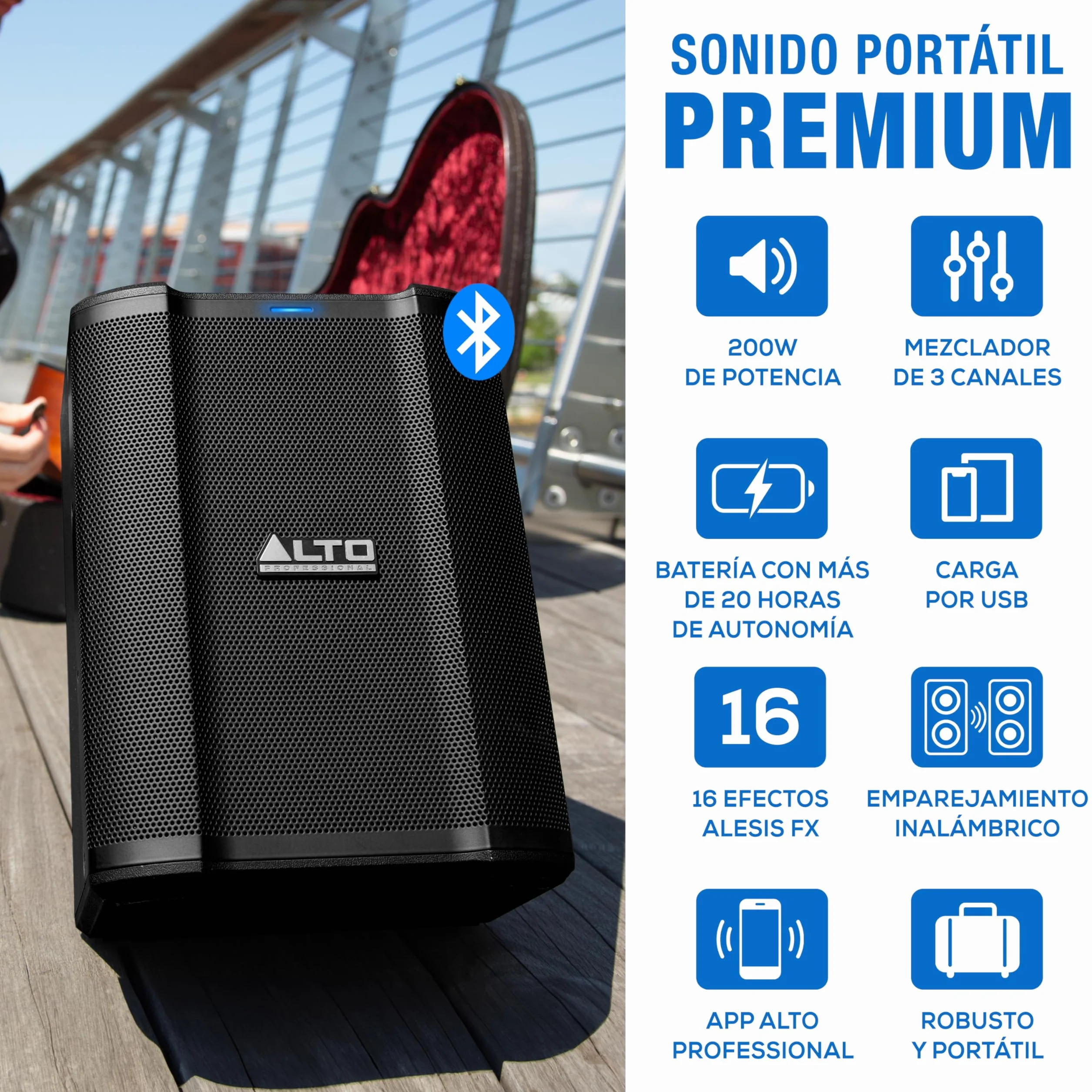 Alto Busker Altavoz Autoamplificado Portátil Grande de 200W con Bluetooth, Batería Recargable, Mesa de Mezclas 3 Canales, Alesis FX, App, Carga USB